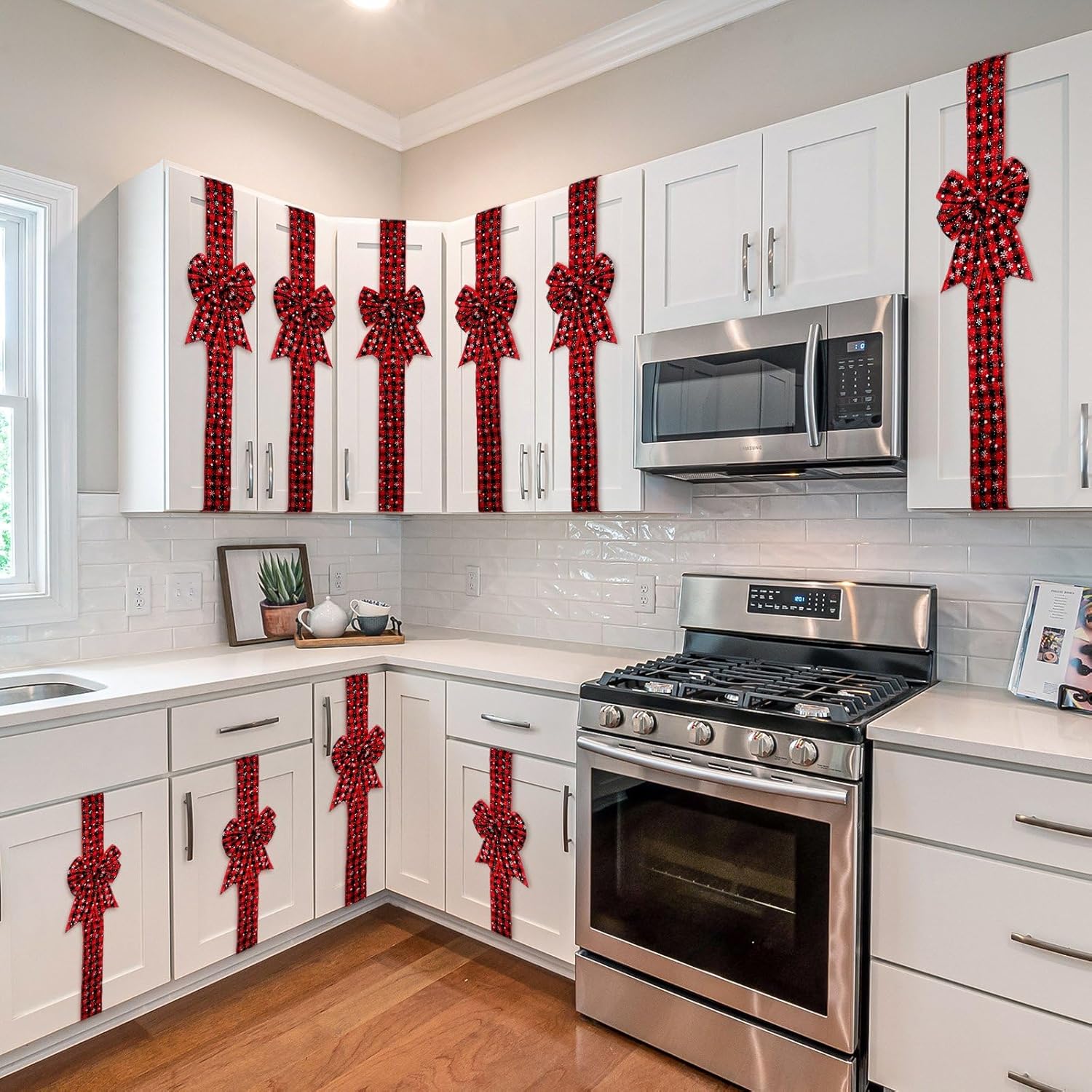6 Pieces Christmas Cabinet Ribbon Bows for Kitchen Large Red Black Buffalo Plaid Door Ribbons and Bows 78.8 x 2.6 Inch Classic Checkered for Festive Xmas Party Decoration Home Tree Wreath Craft