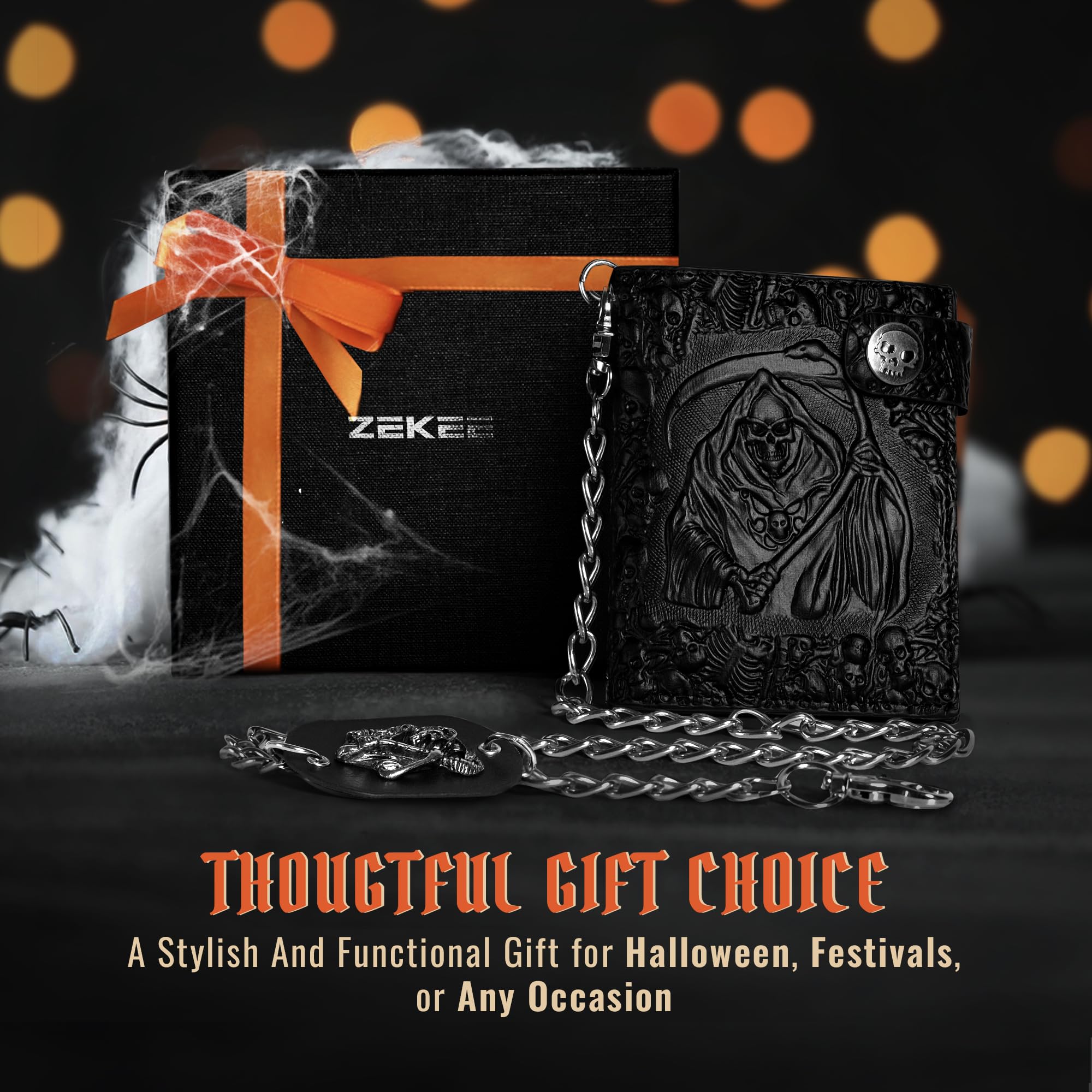 ZEKEE Skull Gothic Chain Wallet Leather - Punk Bifold Halloween Goth Accessories | Unisex, Black