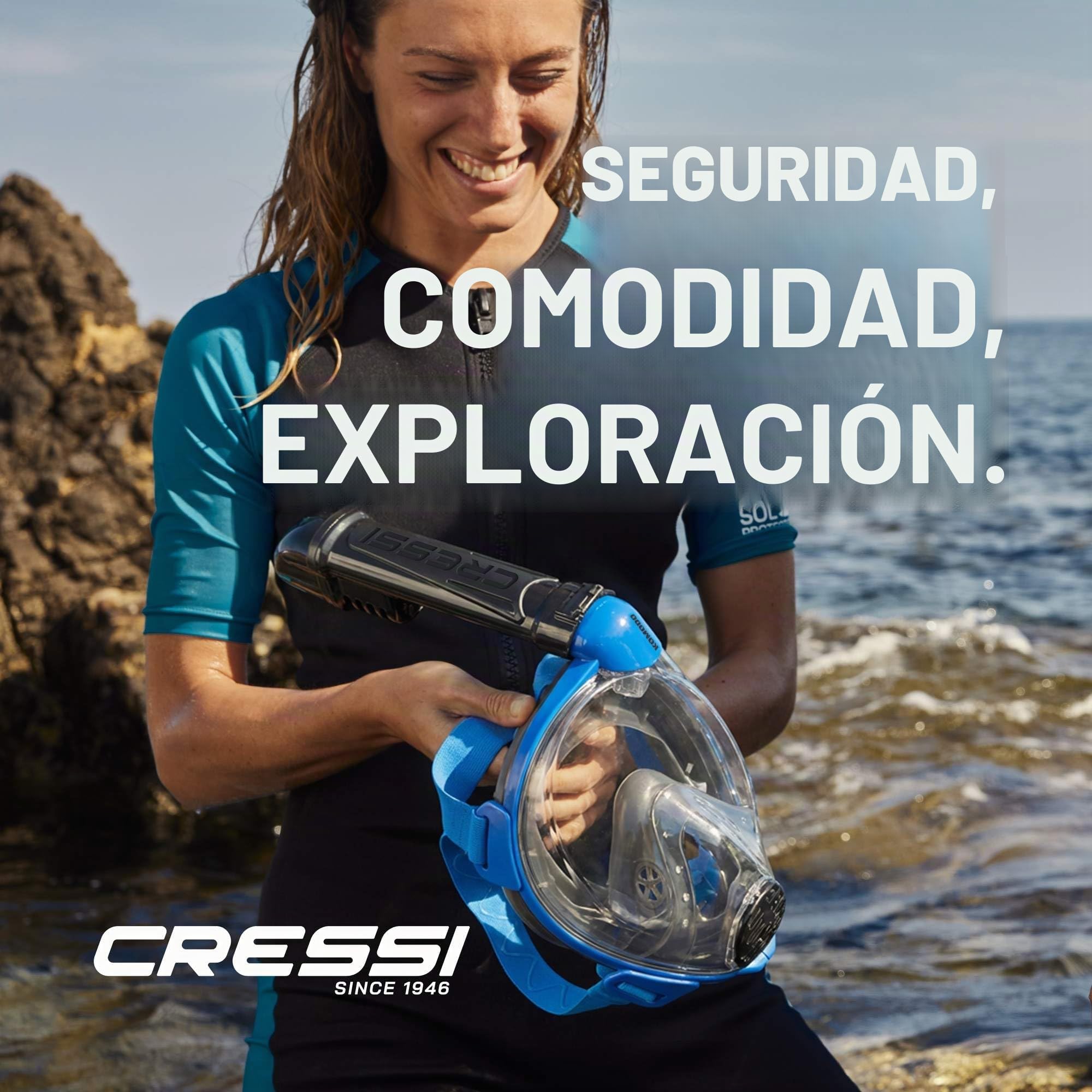 CRESSI Desde 1946 - Komodo Full Face Máscara Integral Seca para Snorkel Visión de 180° - CO2 Seguro - Silicona 100% Antivaho - Tubo Lateral - Correas Elásticas Ajustables