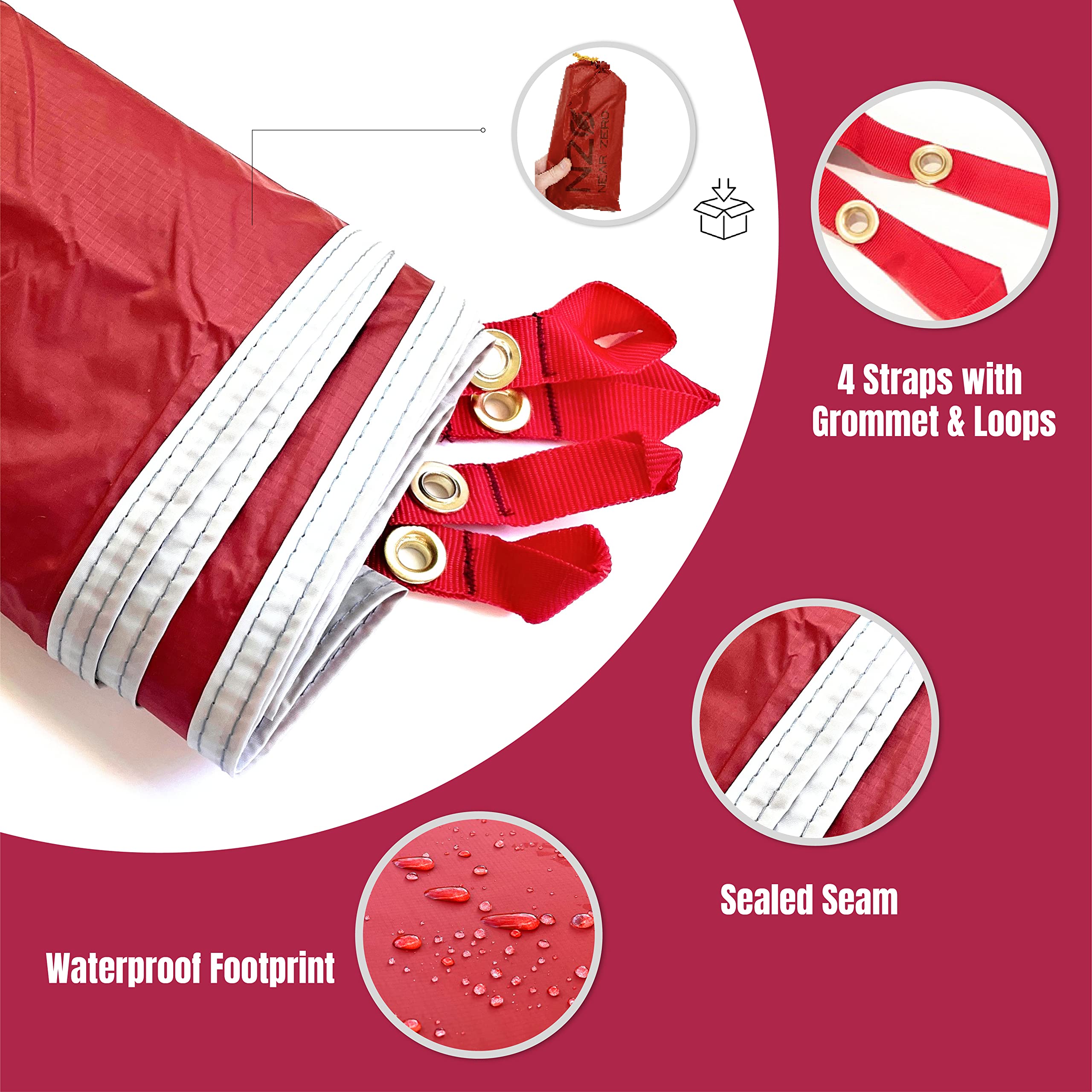 Near Zero Waterproof Camping Footprint - 4.5 Oz Ultralight 20D Ripstop Nylon Multifunctional Tent Ground Tarp for Hiking, Picnic, & Backpacking, Carry Bag Included, 1 Person, Red (6.7 x 2.5 Ft)