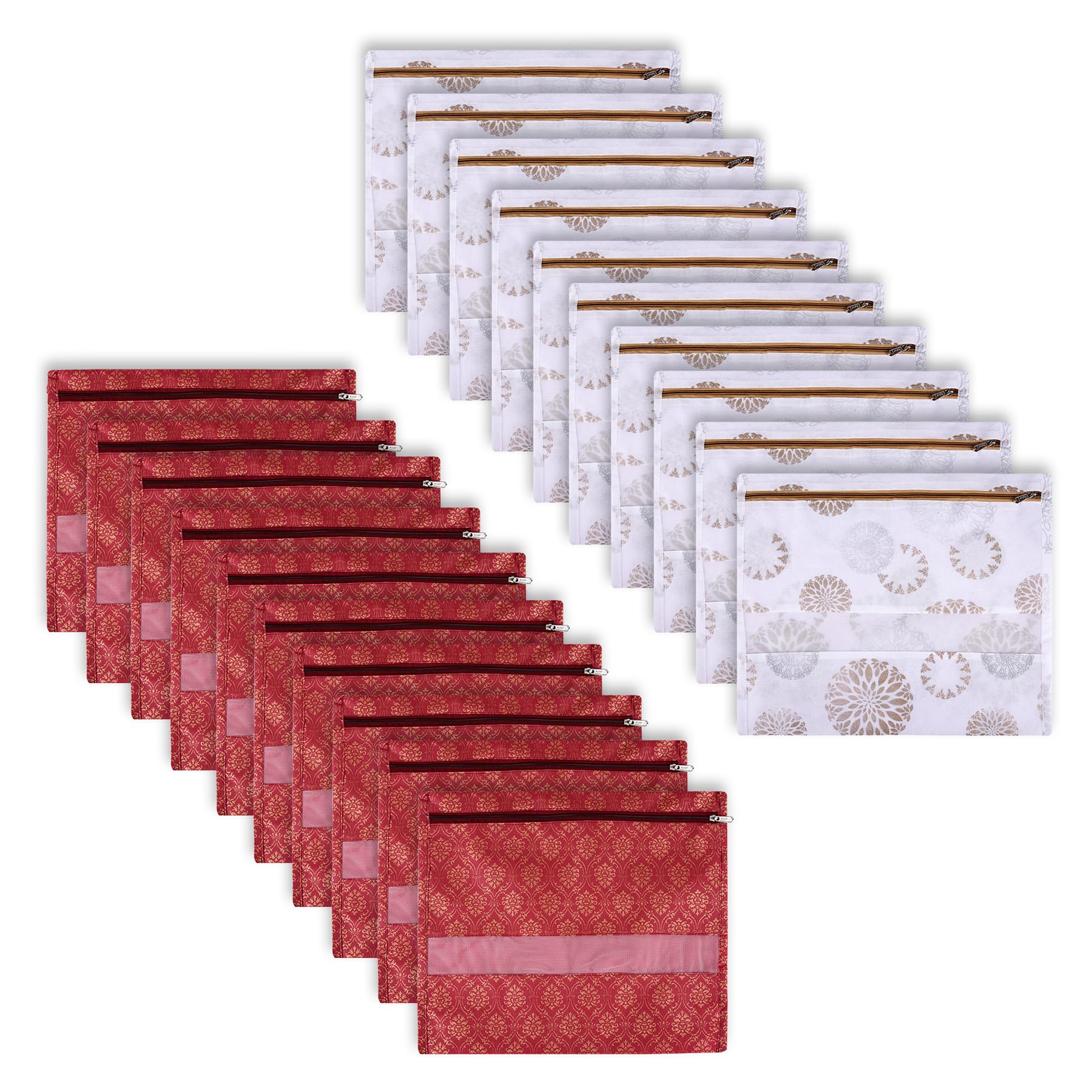 Kuber Industries Pack of 20 Saree Bags | Clothes Bags for Storage | Single Packing Saree Bags | Non-Woven Wardrobe Organizer | Mesh Window Cloth Storage Bags Setc | Printed | White & Maroon
