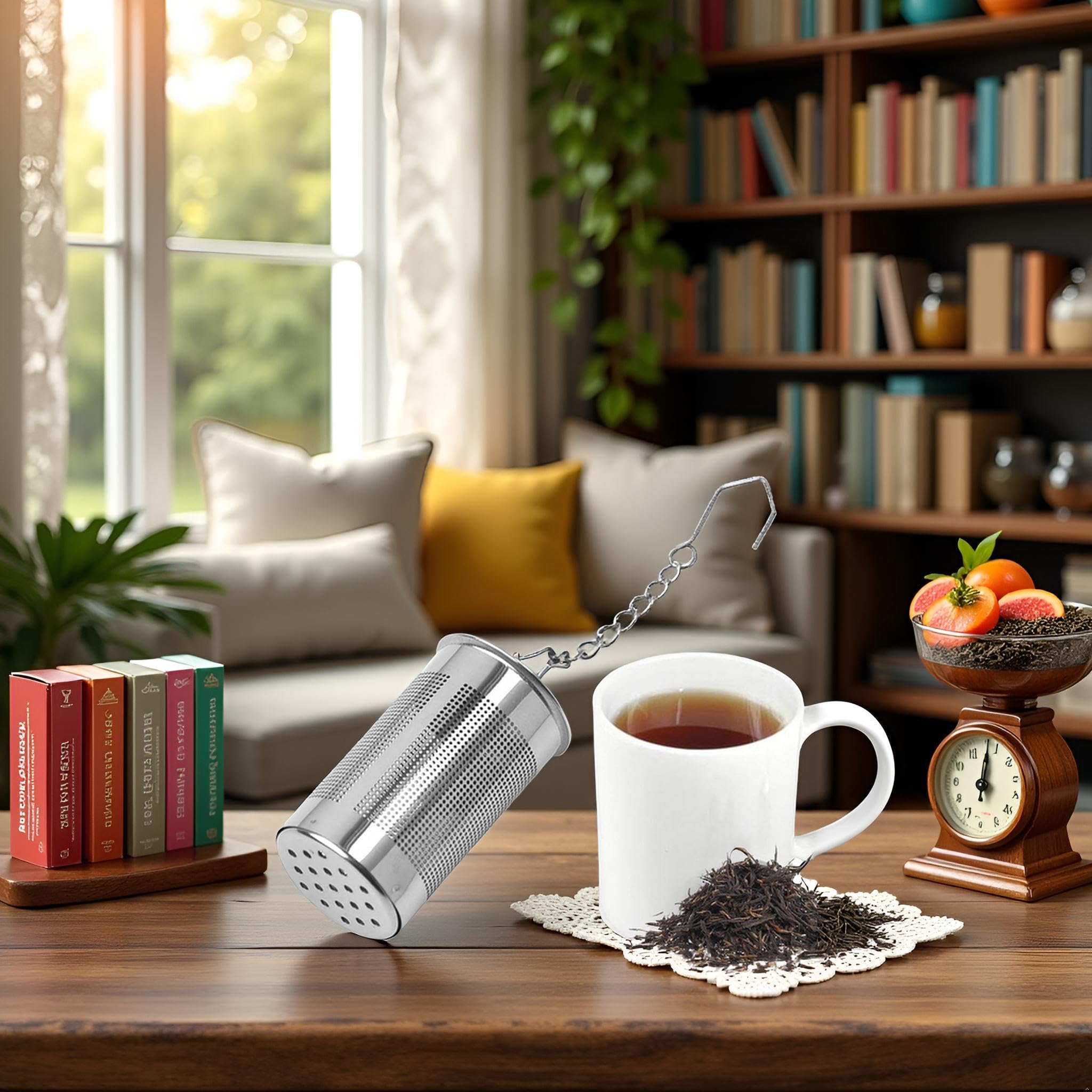 1Pc Stainless Steel Loose Leaf Tea Strainer - Infuser Filter with Chain Hook for Fruit Tea, Spices, Tapot, Tea Accessories
