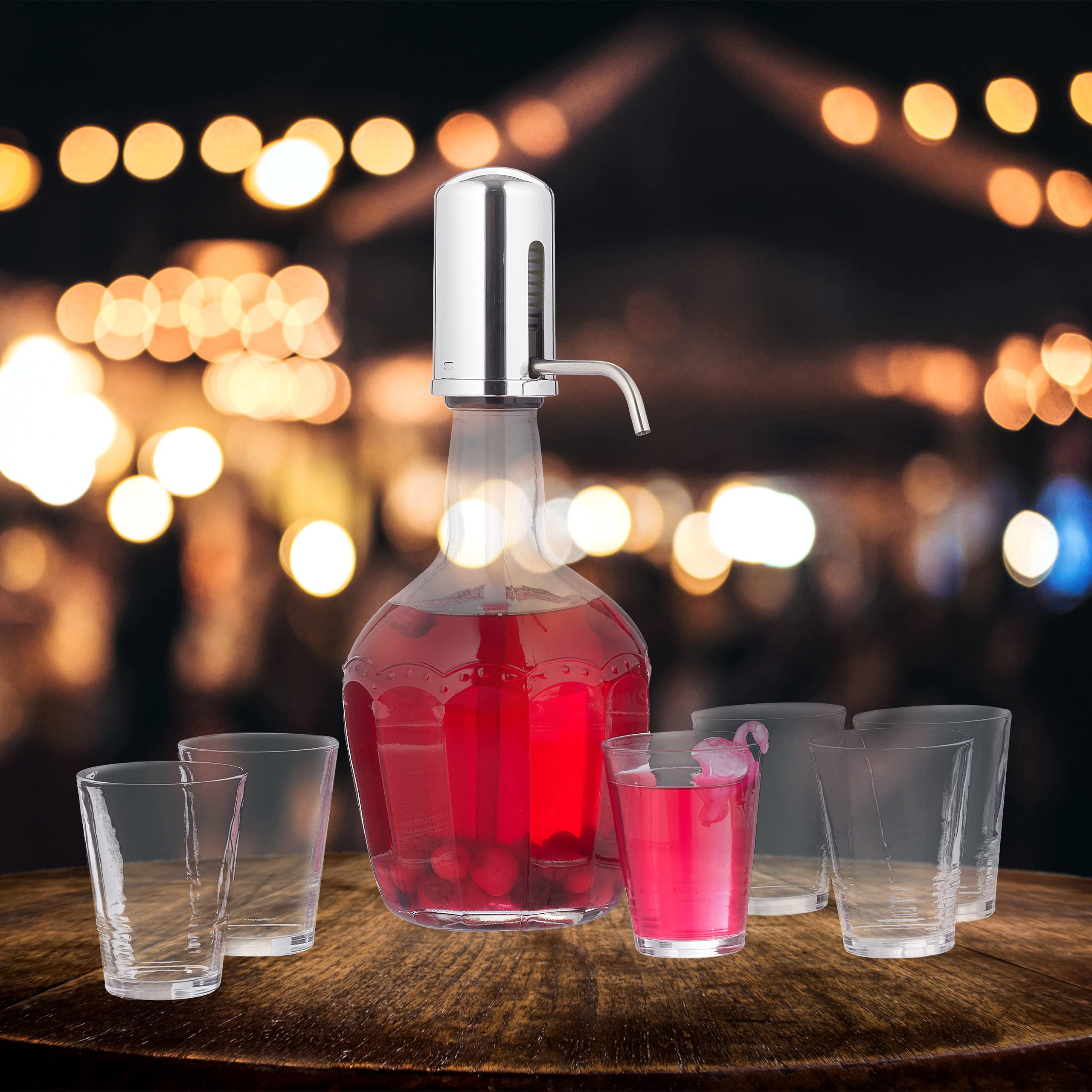 Relaxdays Dispensador de Bebidas con Bomba Manual, 6 Vasos, Garrafa Cristal con Dosificador, Volumen 2,4 L, Transparente