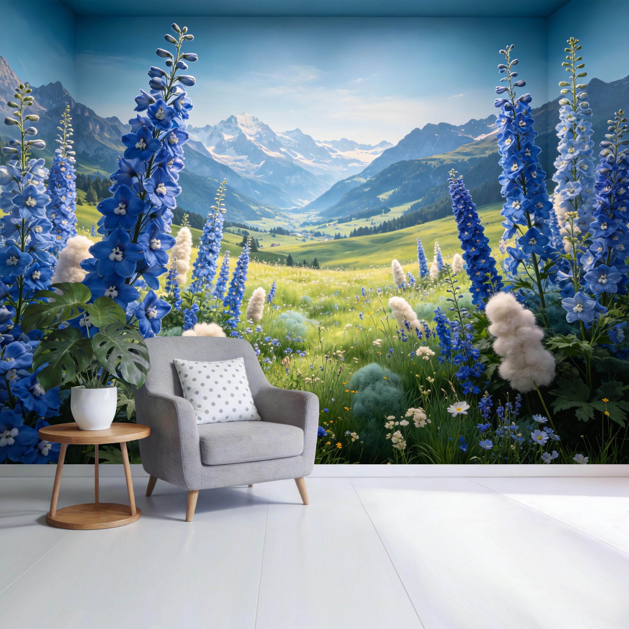 Custom Size Wall Mural Blue Wildflower Alpine Meadow Landscape Mountain View Botanical Nature Scene SelfAdhesive Wall Fabric Removable Wallpaper for Home Office Decor