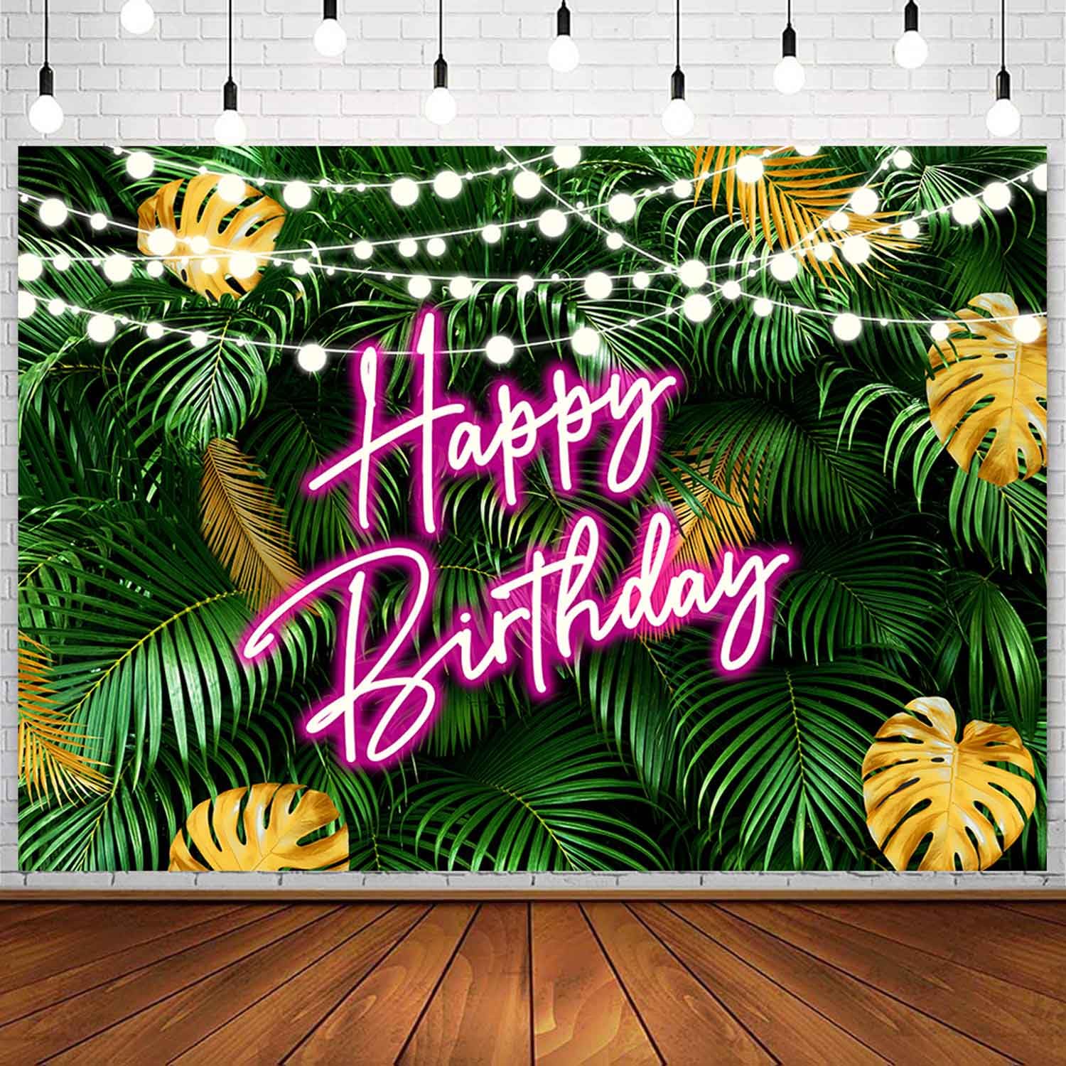 Sensfun Hawaiian Tropical Palm Leaves Happy Birthday Backdrop Aloha Luau Pink Neon Birthday Jungle Green Leaves Photo Background Adults 30th 40th 50th