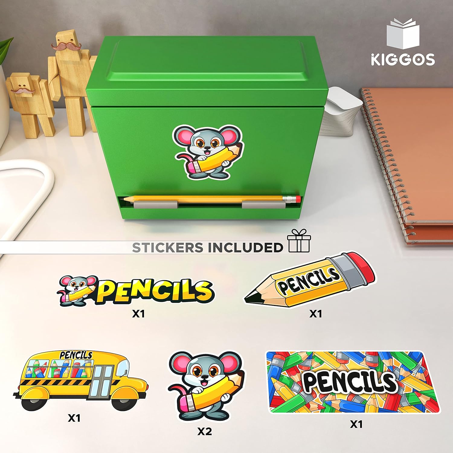 Pencil Dispenser Holder Green Stainless Steel Dispenser for Pencils with 6 Beautiful stickers for Decoration Metal Pencil Dispenser for Classroom Home Office Teachers Students (Pencils Not Included)