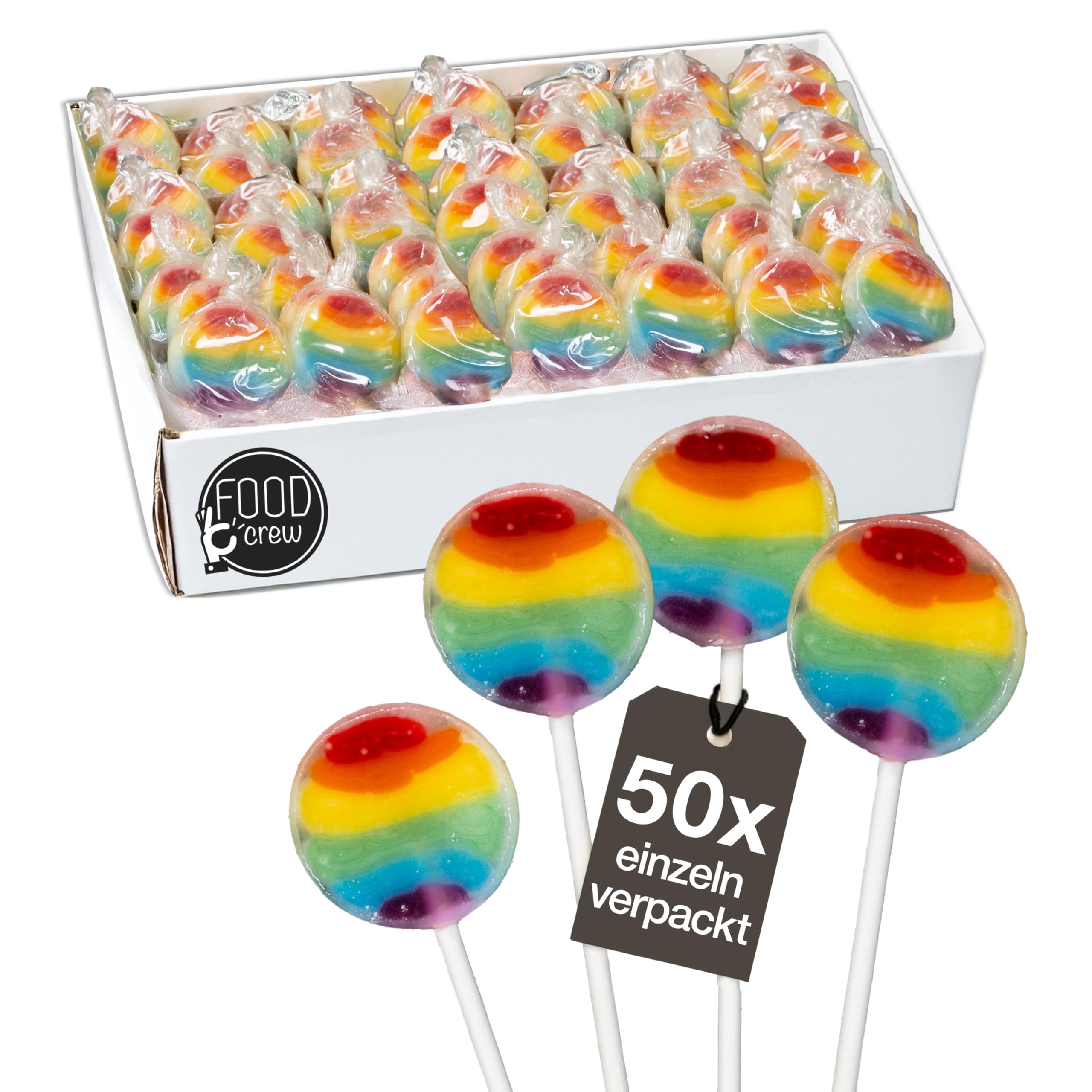 FOOD crew 50x Regenbogen Lollies - 400g Lutscher Bunt - Regenbogen Süßigkeiten - Vegan mit Natürlichen Aroma & Farbstoffe - Tischdeko Regenbogen Lolli für Candy Bar Kindergeburtstag