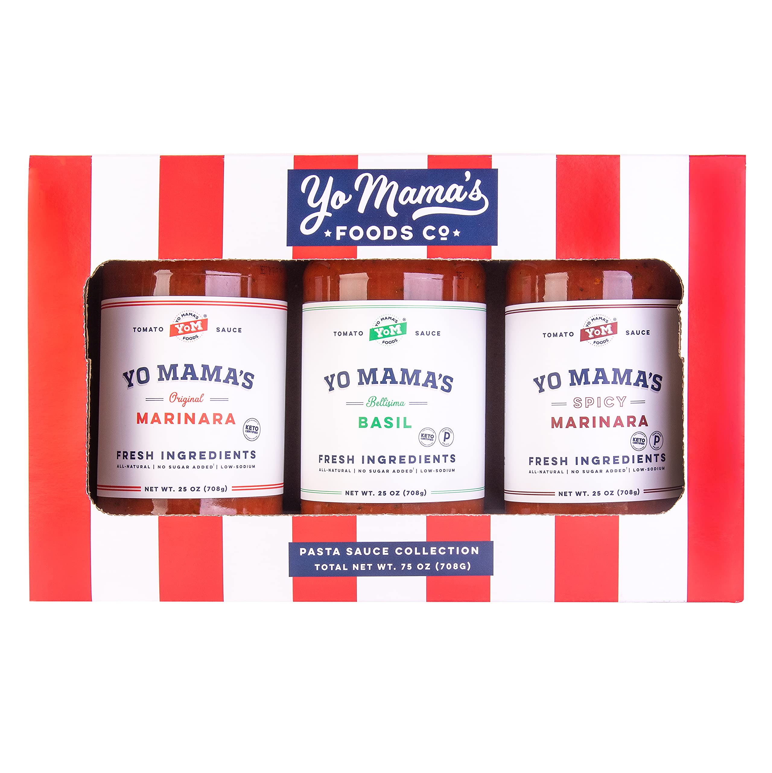 Yo Mama’s Foods Gourmet KETO Gift Set and Care Package | Includes (1) Marinara Sauce (1) Tomato Basil & | (1) Spicy Marinara Sauce | Low-Sugar, Carb, Sodium, Gluten-Free, Fresh Ingredients!