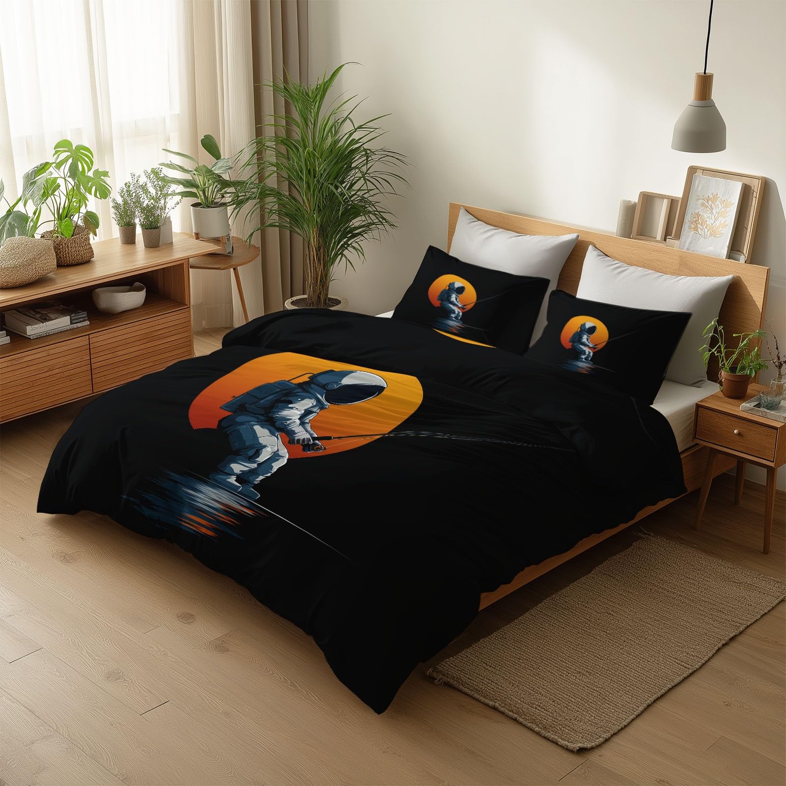 Générique Zestaw pościeli dziecięcej 140 x 200 cm kreskówka księżyc astronauta wędkarstwo poszwa na kołdrę z mikrofibry miękka i oddychająca, czarna pościel 1 osoba zamek błyskawiczny poszewki na