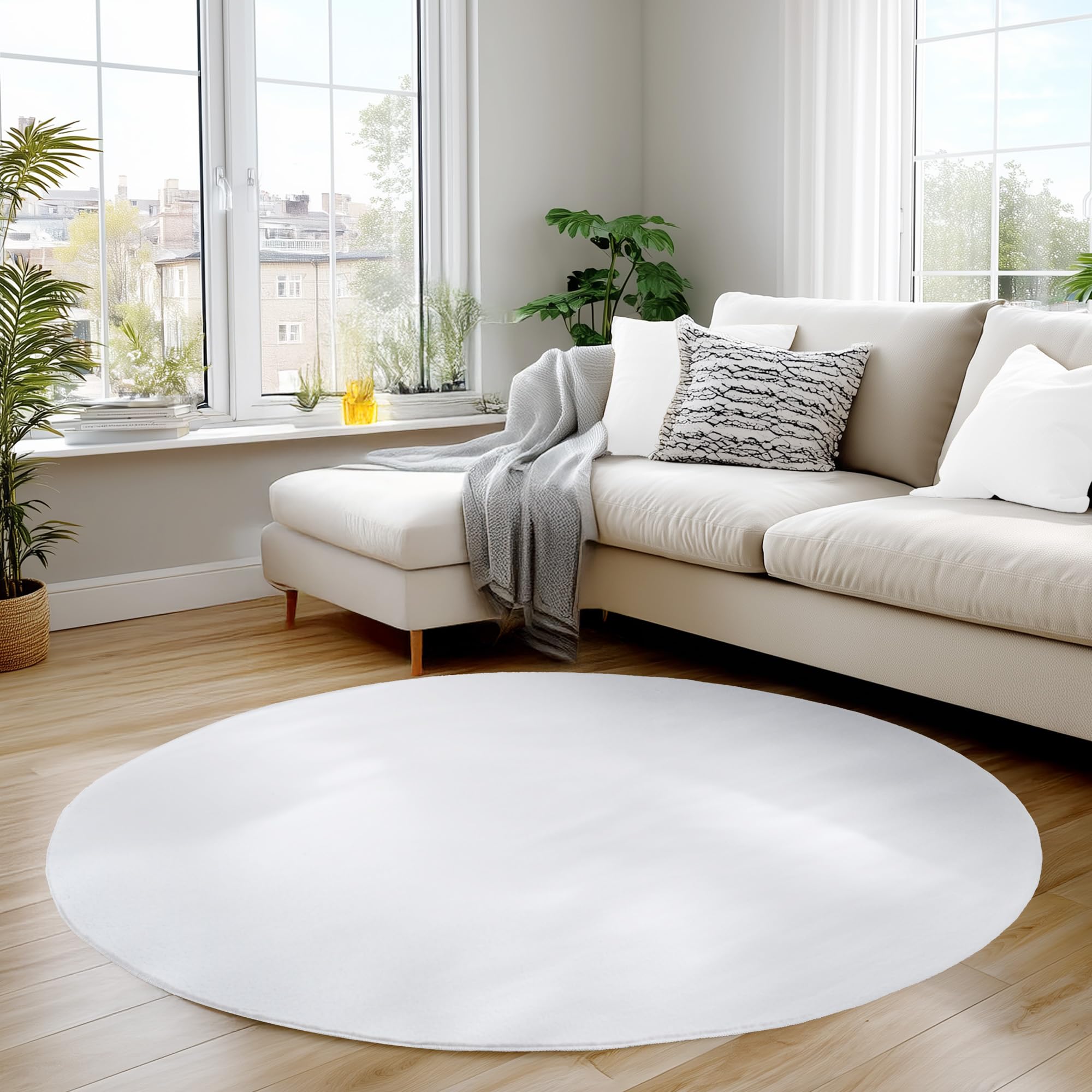 Carpettex Runder Teppich Weiss 200 cmI12147:I12263h, rund, weich & rutschfest, modern einfarbiges Design für Wohnzimmer, Küche Schlafzimmer, & Kinderzimmer