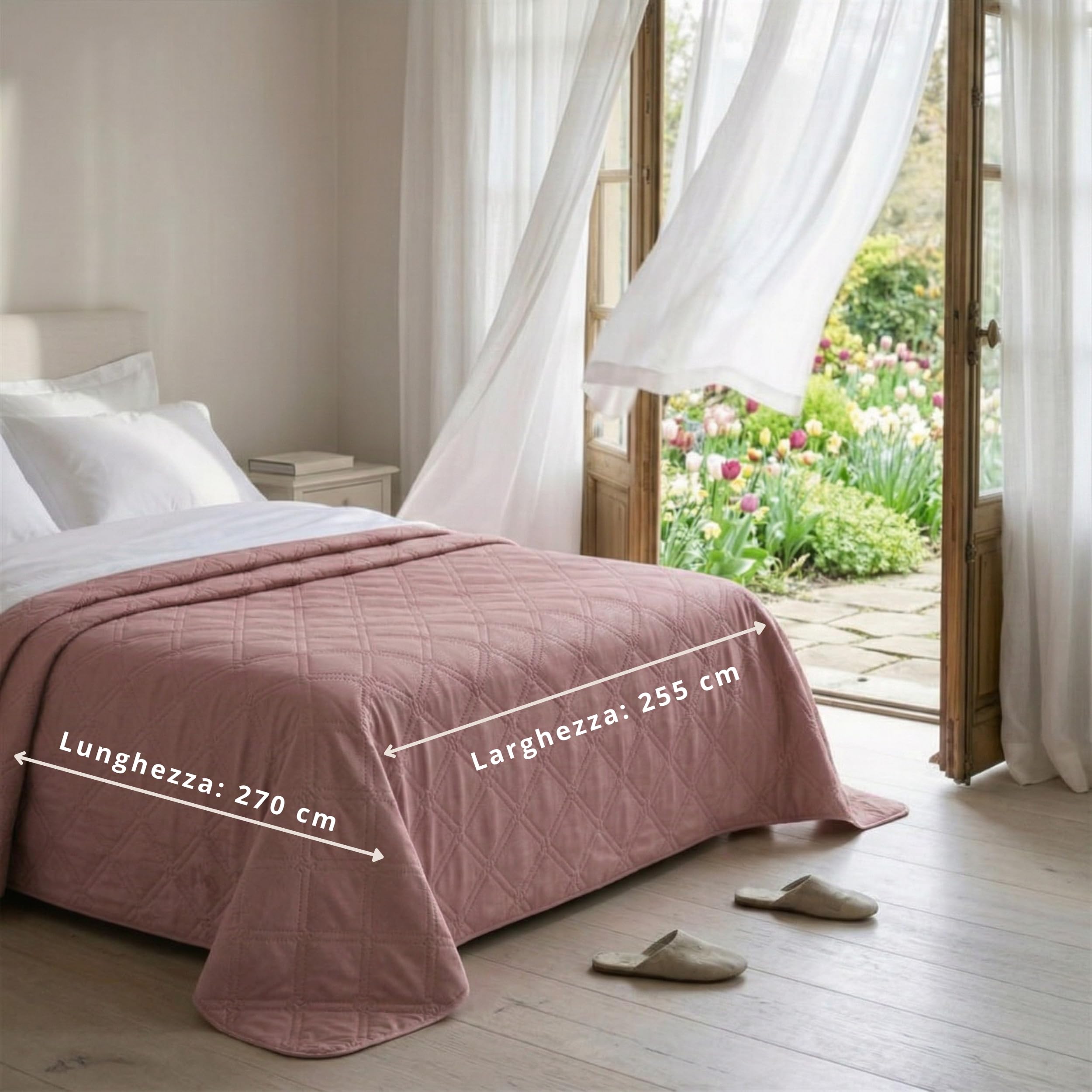 o-day Renato Balestra Frühlings-Steppdecke für Doppelbett, hergestellt in Italien, aus weichem Polyester, Sommer-Tagesdecke, einfarbig (Puder, Doppelbett 255 x 245 cm)
