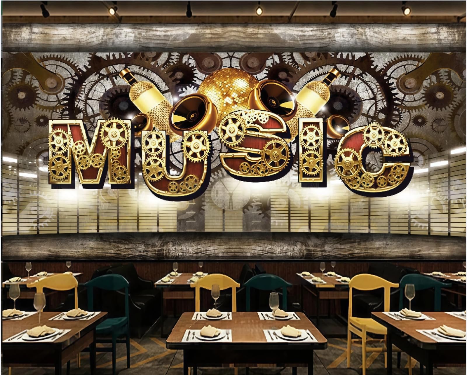 XDOUBAO Wallpaper Retro Brick Wall Gear Music Letters Rock Music Bar Drink Shop Afternoon Tea Western Restaurant Background Wall Wallpaper Coffee Shop Mural,3D,150x105cm
