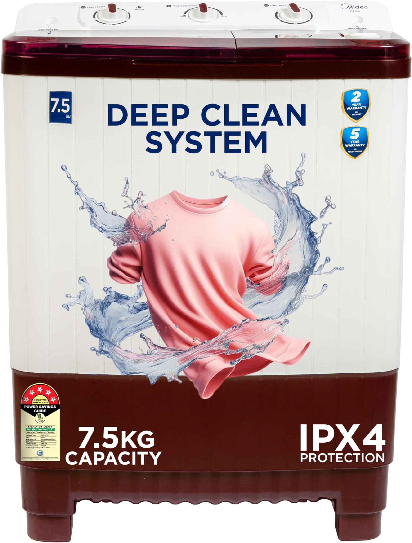 7.5 kg 5 star Semi Automatic Top Loading Washing Machine, Maroon, Rust proof Body, Air Dry Function (MWMSA075PPG(MW), Rat Away Feature)