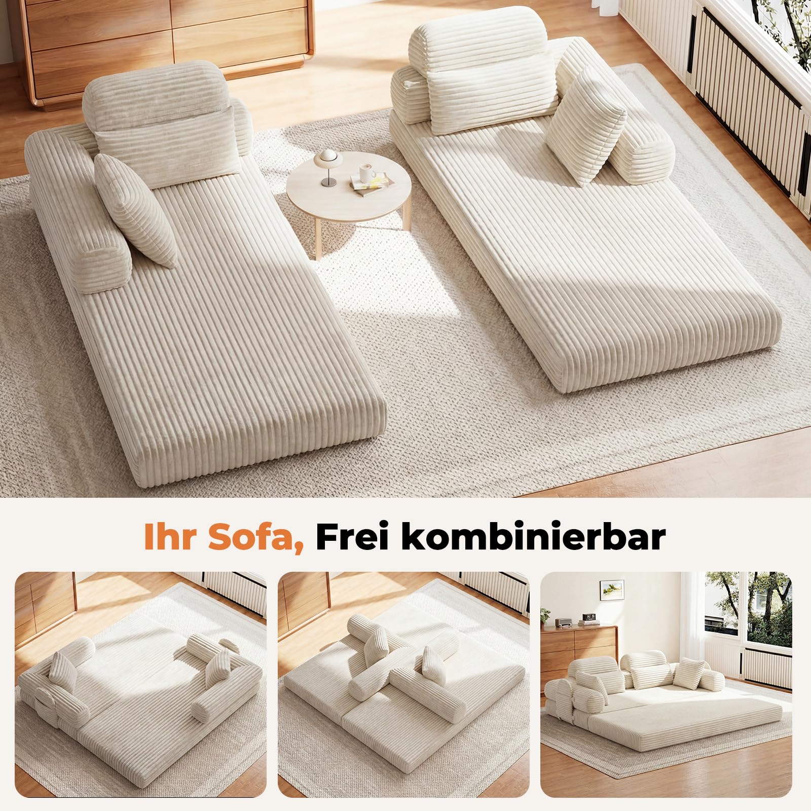 HOMRELEXA Schlafsofa 200cm Breit, Boneless Couch, Bodensofa Bed mit Hohe Rückenlehne, Abnehmbare Integrierte Kopf- und Lendenstütze, 2 Zierkissen, Seitentasche, Cord Sofa mit schlaffunktion, Beige