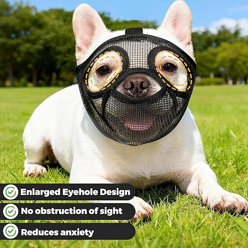 Miniatura 3 de Bozal de bulldog francés, bozal corto de malla suave con apertura de la boca y agujeros agrandados para los ojos, permite jadear, beber y alimentar,