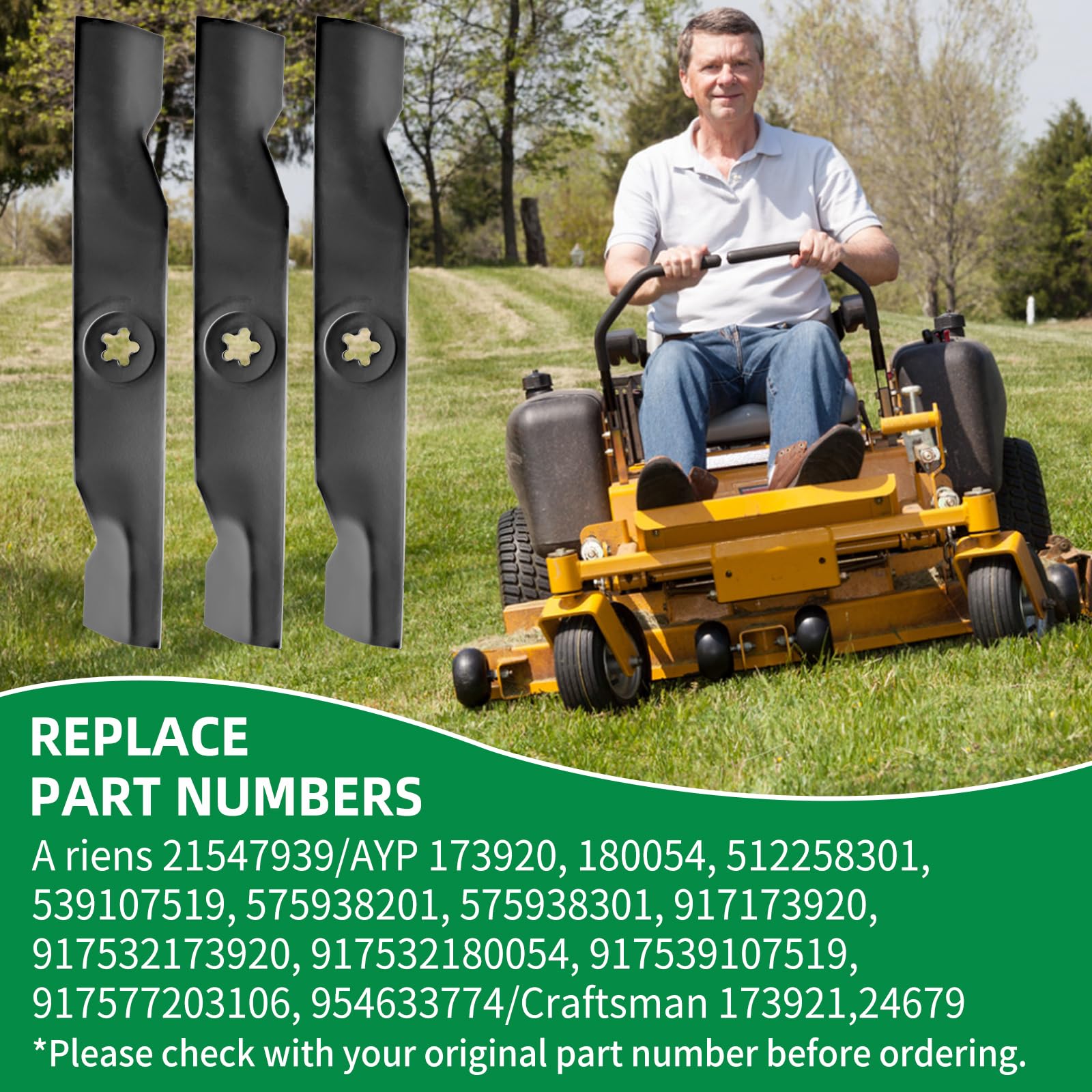 173921 Cuchillas de cortacésped de alta elevación compatibles con Hu sqvarna/Craftsman/Pou LAN cubierta de corte de 48 pulgadas, juego de cuchillas 180054 para cortacésped YTH24V48 YTH2348,
