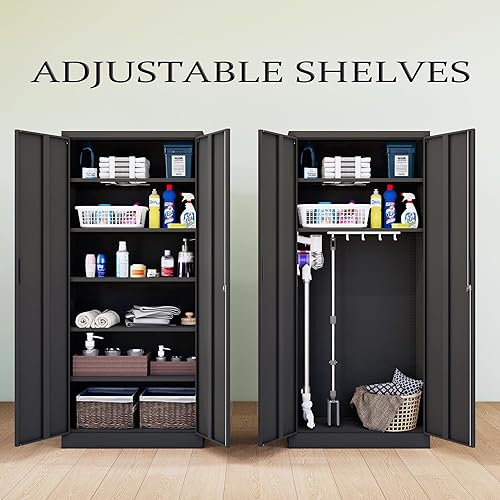 Vista 7 de CMY Gabinete de almacenamiento de metal, gabinete de bloqueo de 71 pulgadas de alto con 5 estantes ajustables, armarios de garaje para oficina, Negro