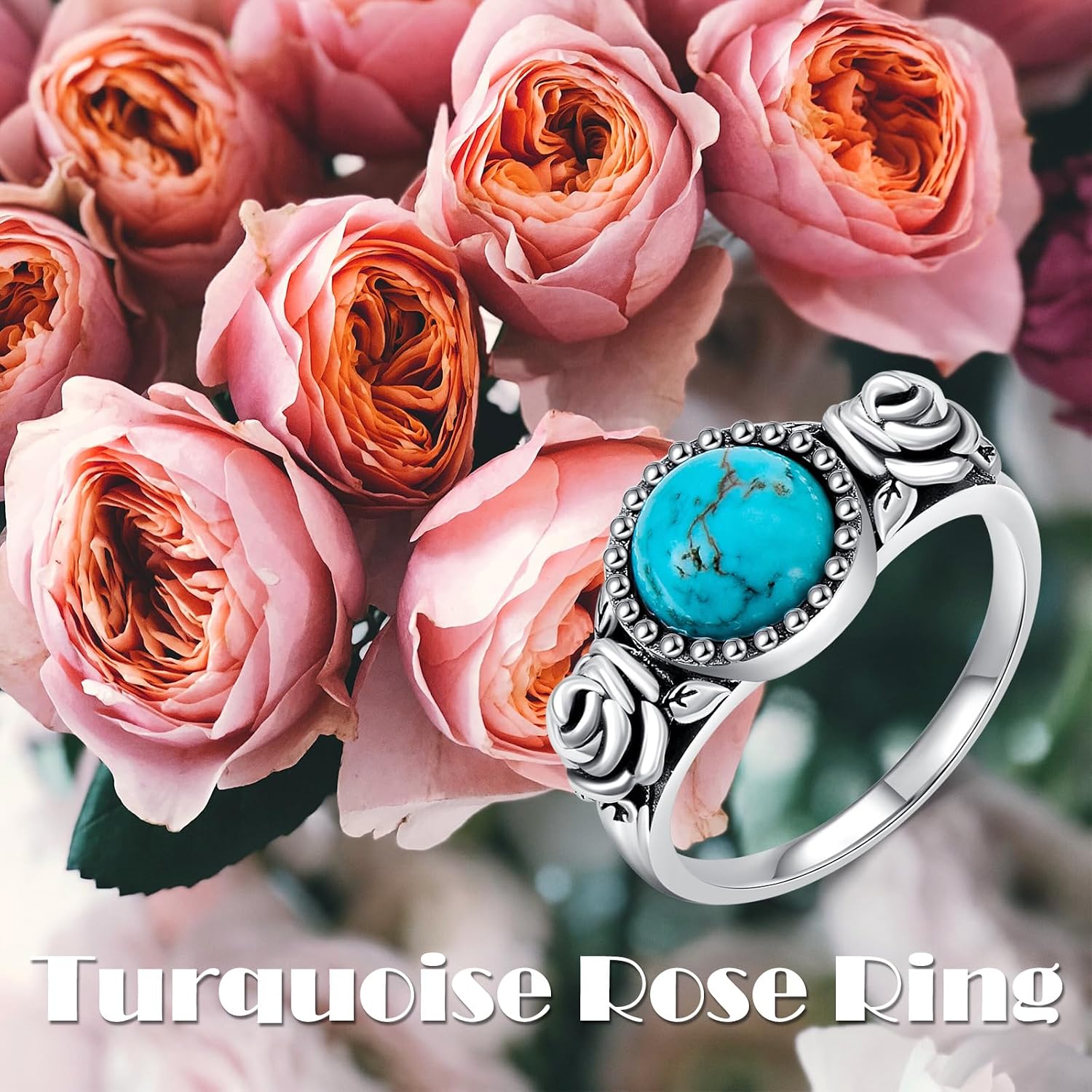 Rose Flower Ring for Women 925 Sterling Silver Genuine Natural Turquoise Vintage Rose Promise Statement Ring Ladies Jewelry Valentines Day Gift for Women Mother