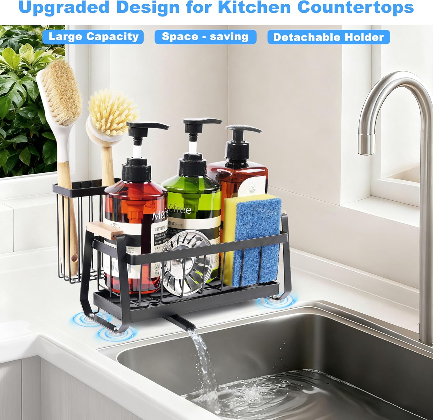 Sponge Holder for Kitchen Sink Organizer, Stainless Steel Sink Caddy Suction Cup with Dish Brush Holder, Rustproof Drying Rack, Sponge Caddy and Dish Soap Organizer for Kitchen Countertop - Image 2