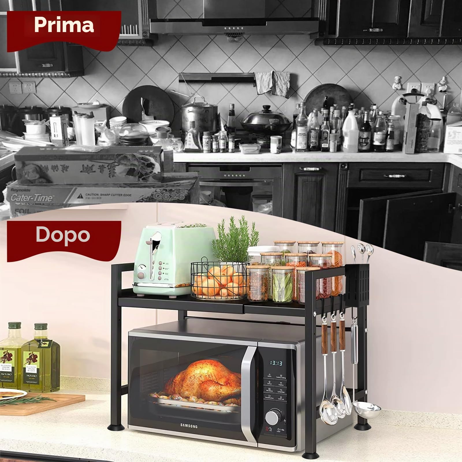 Mensola Microonde, Scaffale da Cucina Estensibile, Supporto Microonde Salvaspazio, Ripiano per Microonde con 6 Ganci 1 Porta Utensili da Cucina, Mobiletto Cucina Microonde Nero