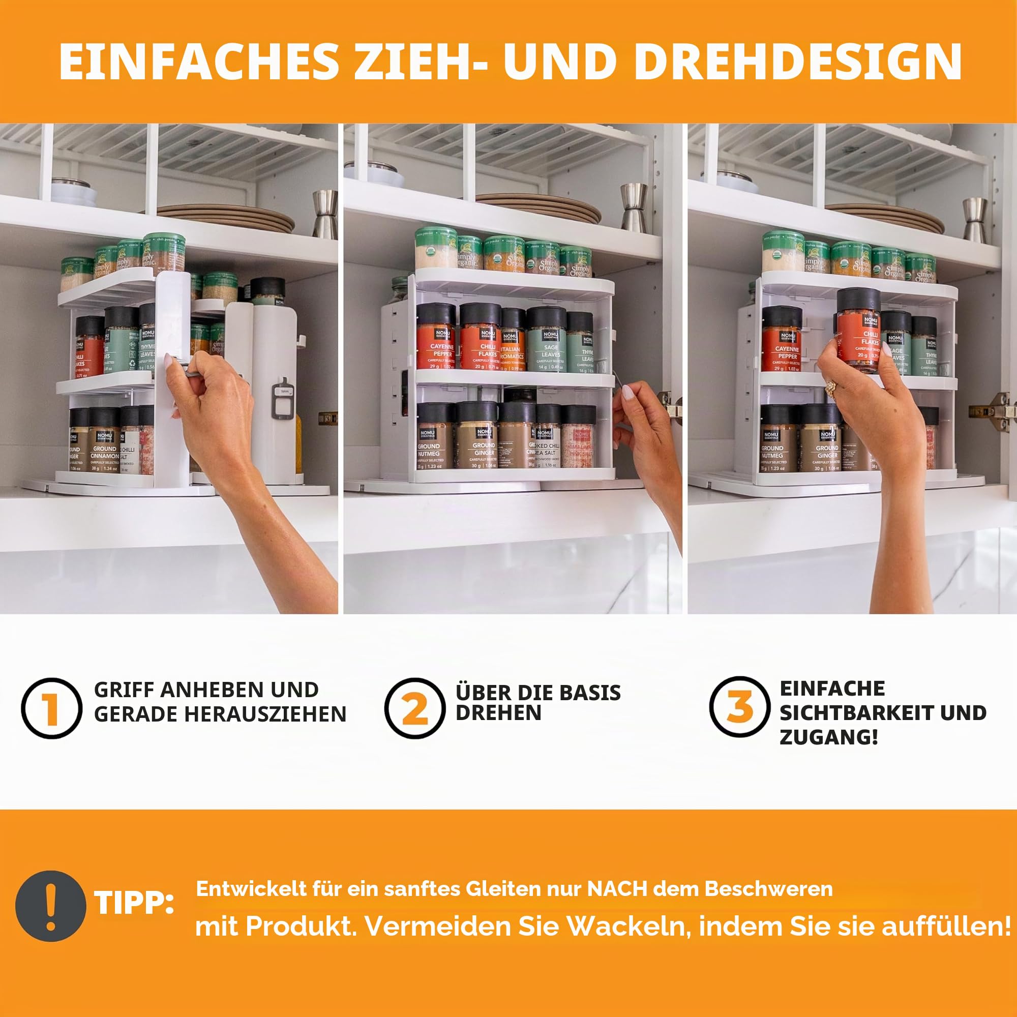 Cabinet Caddy SNAP! Gewürzregal für Schrank: Gewürzhalter zum Ausziehen und Drehen mit 3 verstellbaren Einlegeböden für 5 Ablageebenen, magnetisches, modulares Design, ca. 23 x 15,5 x 27 cm (H x B x T