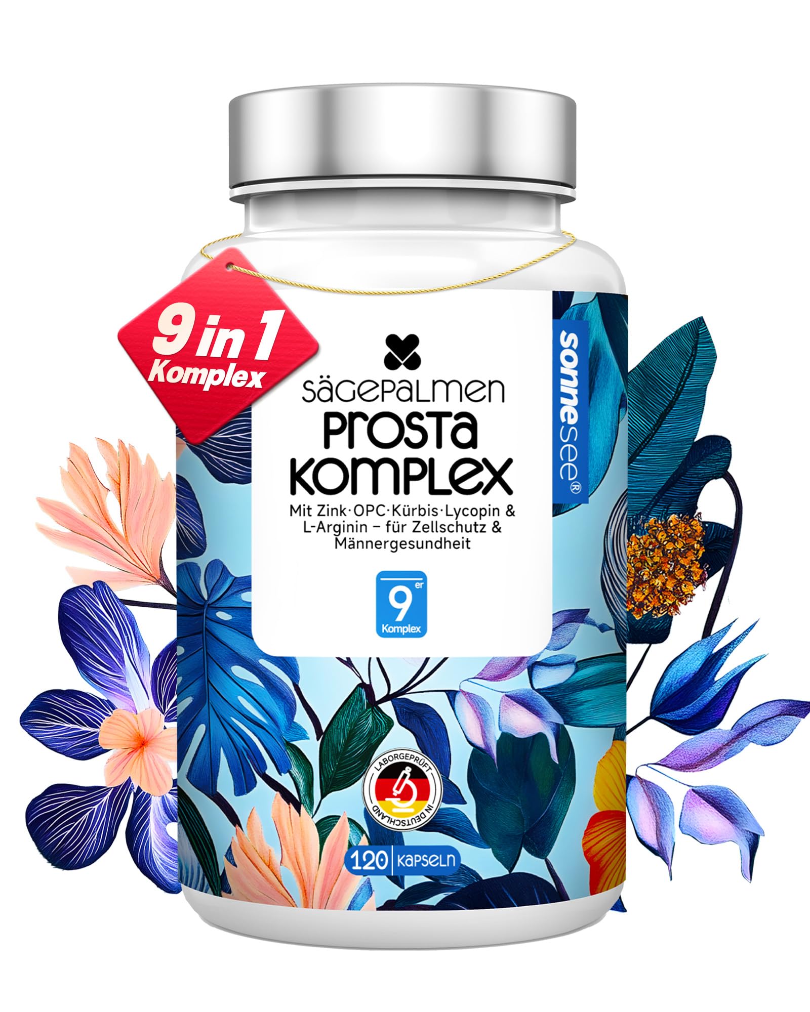 Sägepalmen Prosta 9-in-1 Komplex 120 Kapseln mit Kürbiskernextrakt 15:1, Brennnessel, OPC, Lycopin & L-Arginin – Hochdosiert mit Zink für Testosteronspiegel & Männergesundheit – Vegan