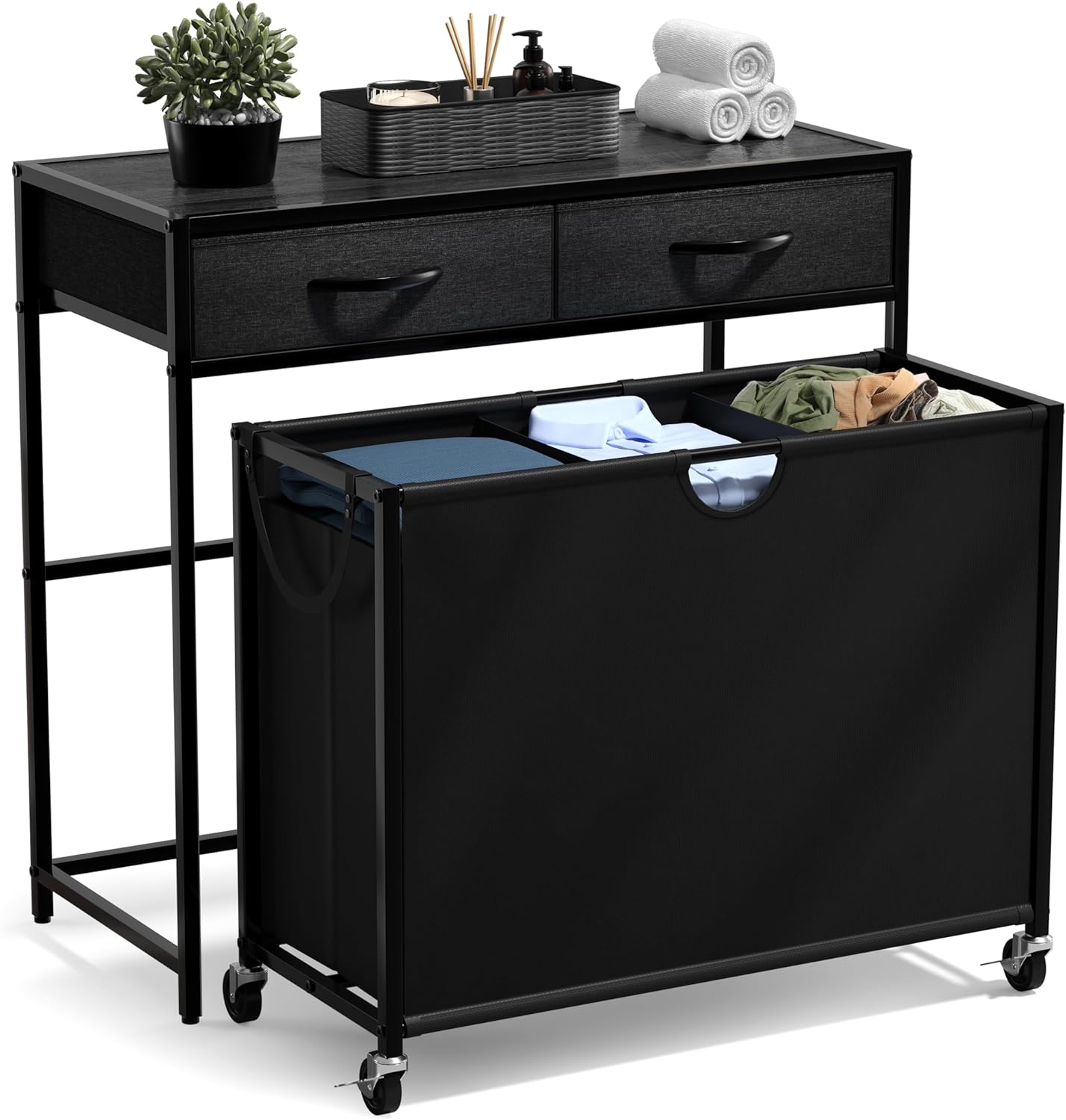 Sorbus 3 Section Laundry Hamper with Shelf and 2 Drawers for Laundry Room Organization, Laundry Basket with Wheels, Rolling Laundry Hamper, Laundry Sorter for Optimal Storage and Organization (Black)