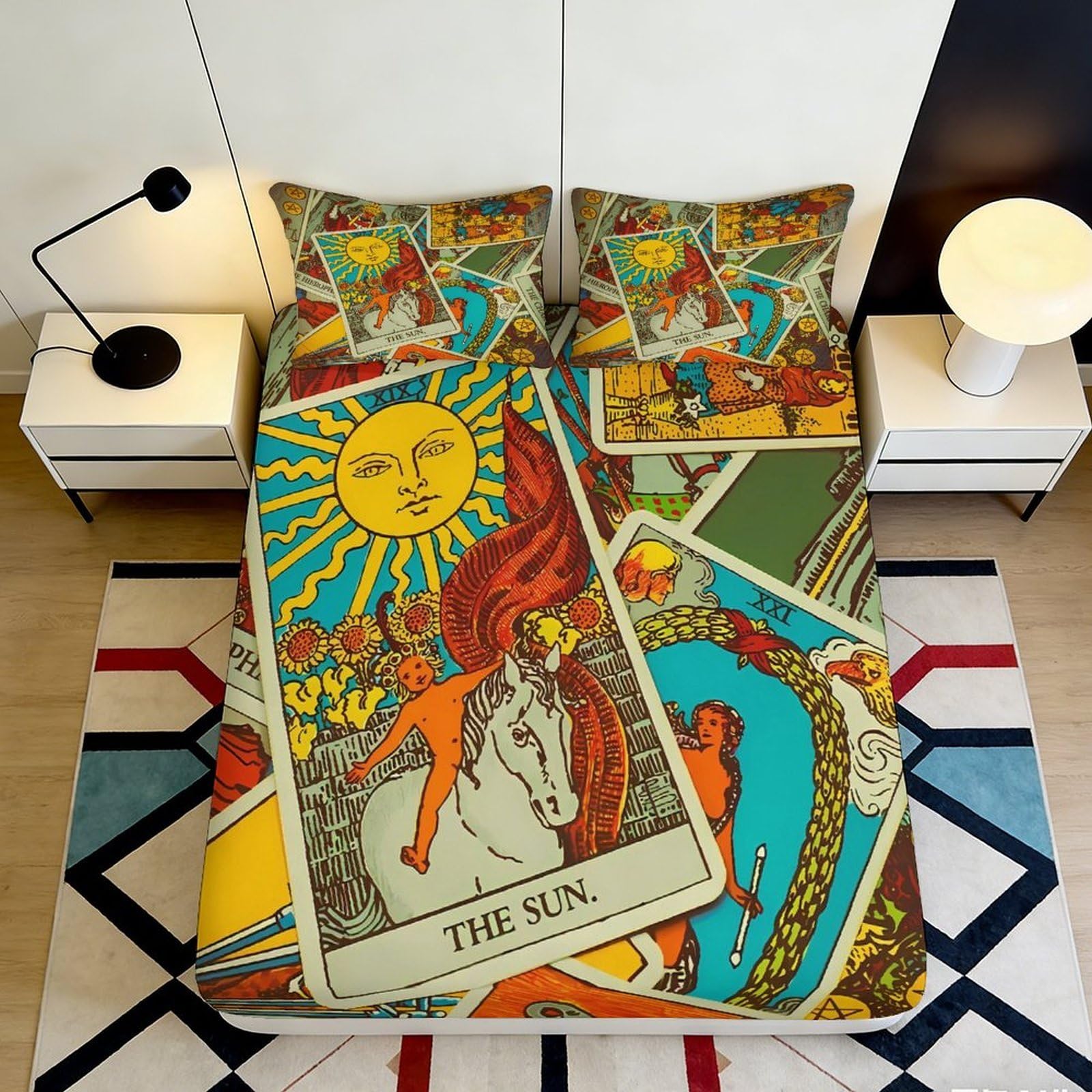 3D Printed Tarot Fitted Sheet Microfiber Deep Pocket Non-Slip Tarot Mattress Fitted Cover Elastic Hem for Bedroom Adult 200x200x25cm 90x200x25cm