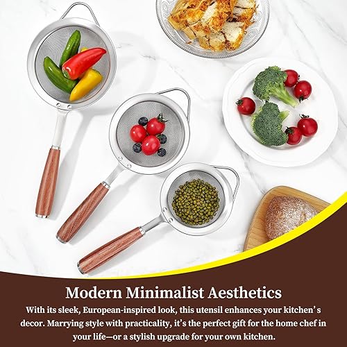 Miniatura 4 de KULUNER Colador de acero inoxidable duradero con mango de madera maciza, 3 piezas (pequeño, mediano, grande) en un paquete, ideal para colar cocina,