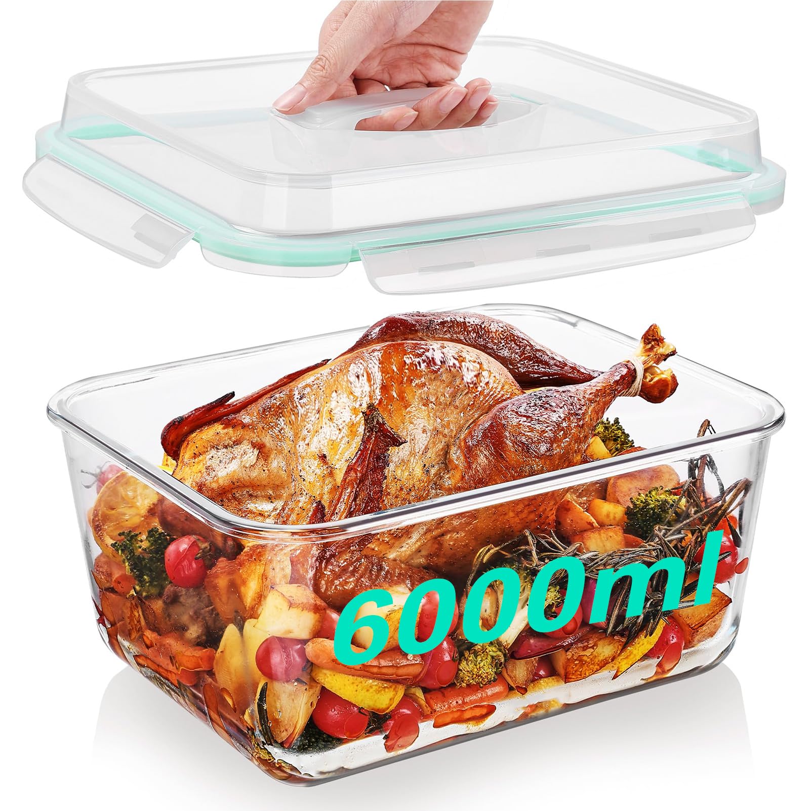 Contenitori Grandi in Vetro con Coperchio, 6 l, Ermetici, Adatti al Congelatore, Contenitori Ermetici per Alimenti per Pollo, Tacchino, Melone o Piatti di Festa