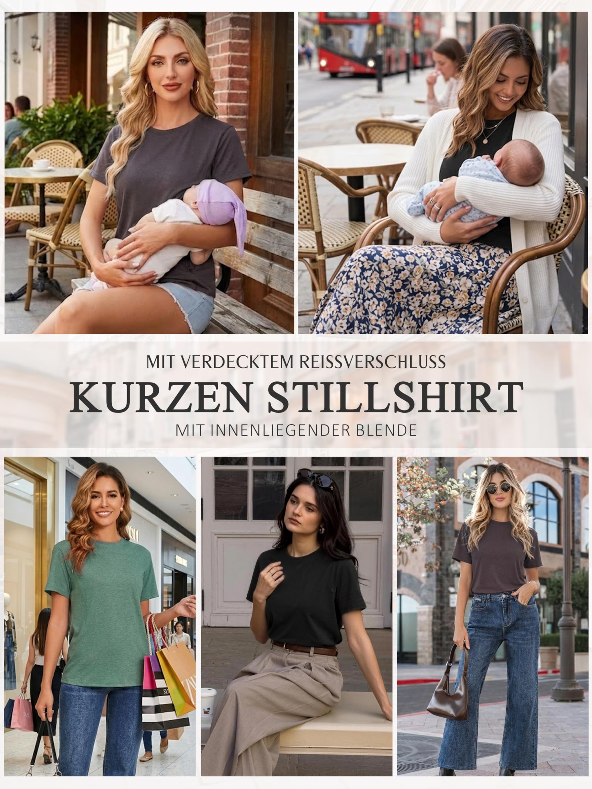 3er/4er Set Stillshirt mit verstecktem Reißverschluss Stillöffnung kurzen Umstandstop Stillen T-Shirt für Schwangere