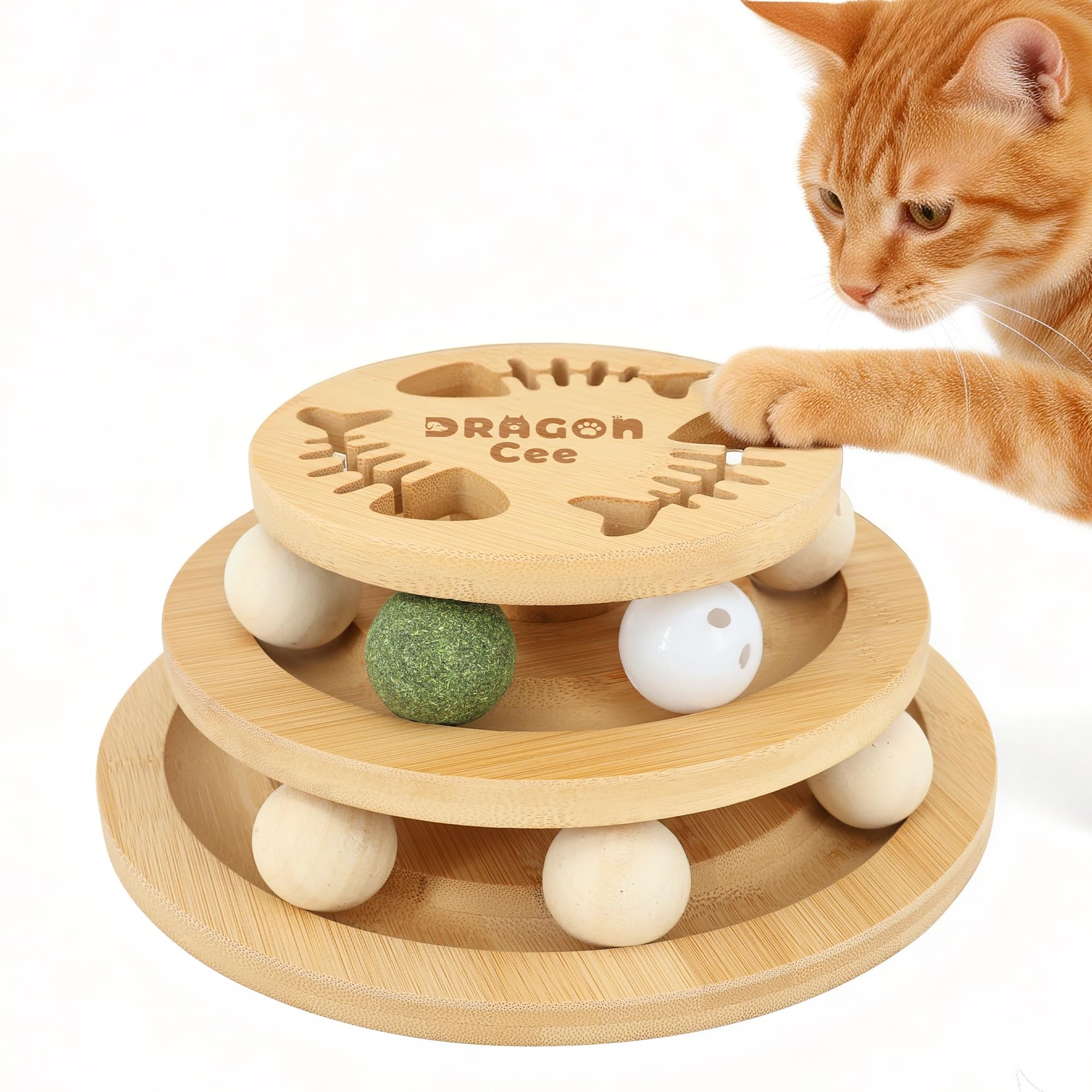 DRAGONCEE Cat Ball Track Toy with Puzzle Top, Interactive Cat Toys for Indoor Cats with Spinning Balls, Wooden Cat Ball Tower Toy for Kitten Kitty
