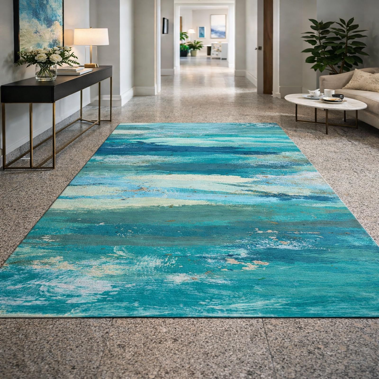 Tapis de salon bleu et blanc 120x200 cm | Tapis de chambre à poils ras