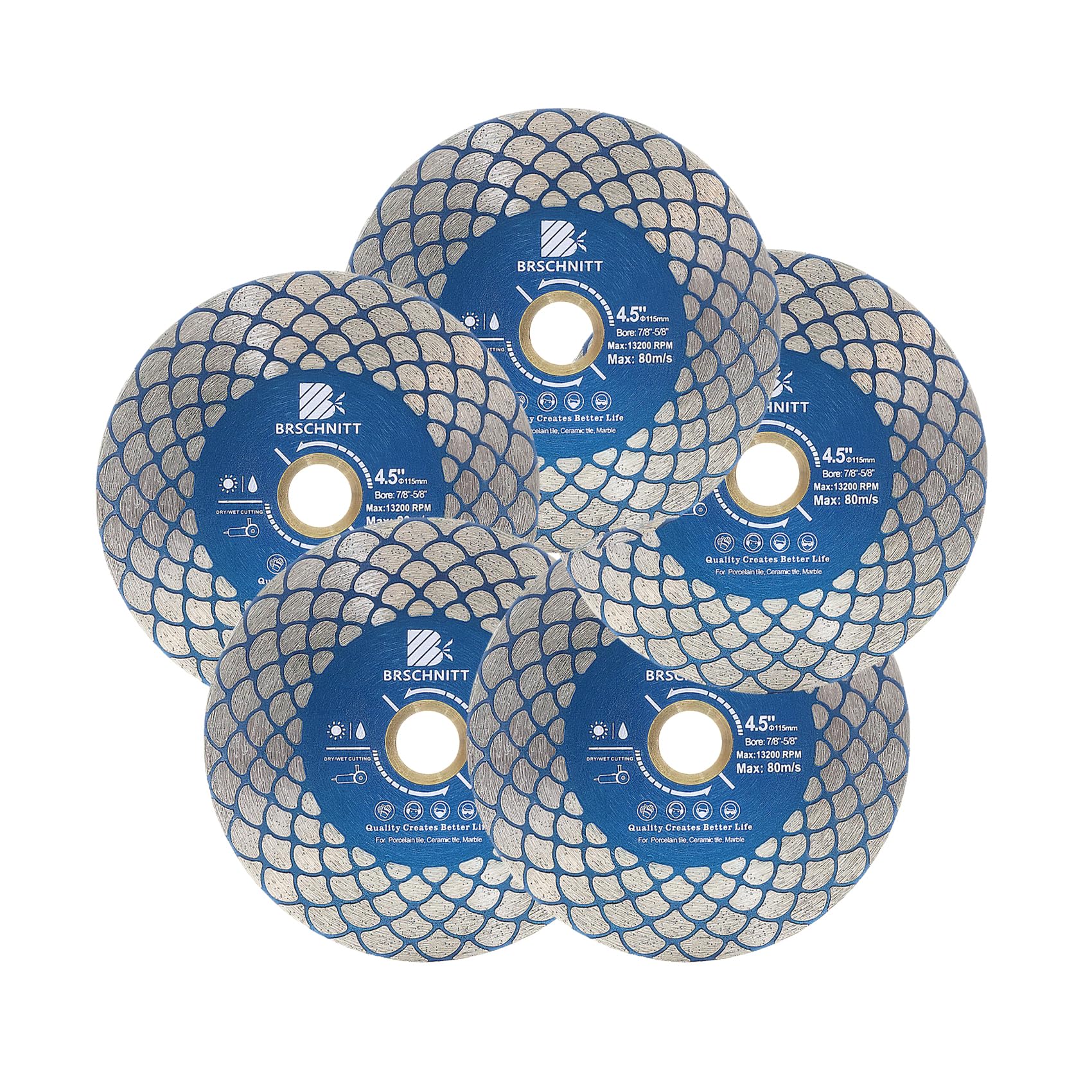 Diamond Saw Blade Tile Cutting Disc 4 1/2 inch - BRSCHNITT for 7/8”- 5/8” Arbor Angle Grinder for Cutting Grinding Porcelain Ceramic Marble Artificial Stoneware(5pcs)