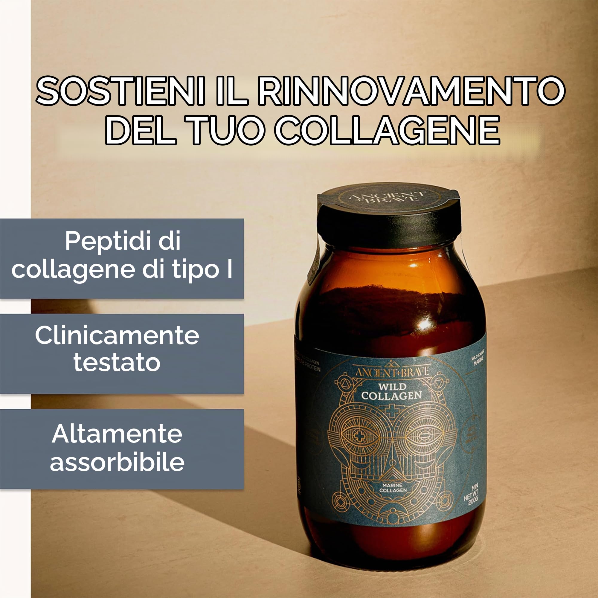 Ancient + Brave Wild Collagen Powder 200g - Integratore di Peptidi di Collagene Marino Puro Idrolizzato - Collagene in Polvere da Pesce ad Alto Contenuto Proteico - Certificato Halal e Kosher