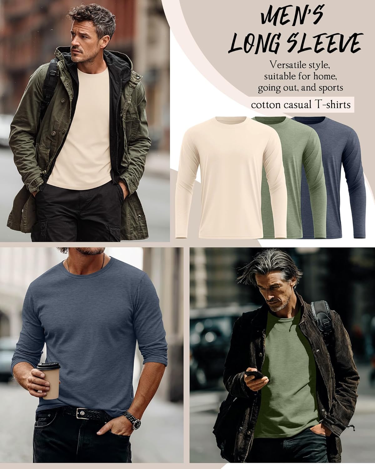 Ficerd 3 Pack Men's Big and Tall Shirts Long Sleeve Cotton Tee Crew Neck Oversize Tops Casual Loose Fit Knitted T Shirts - Image 2