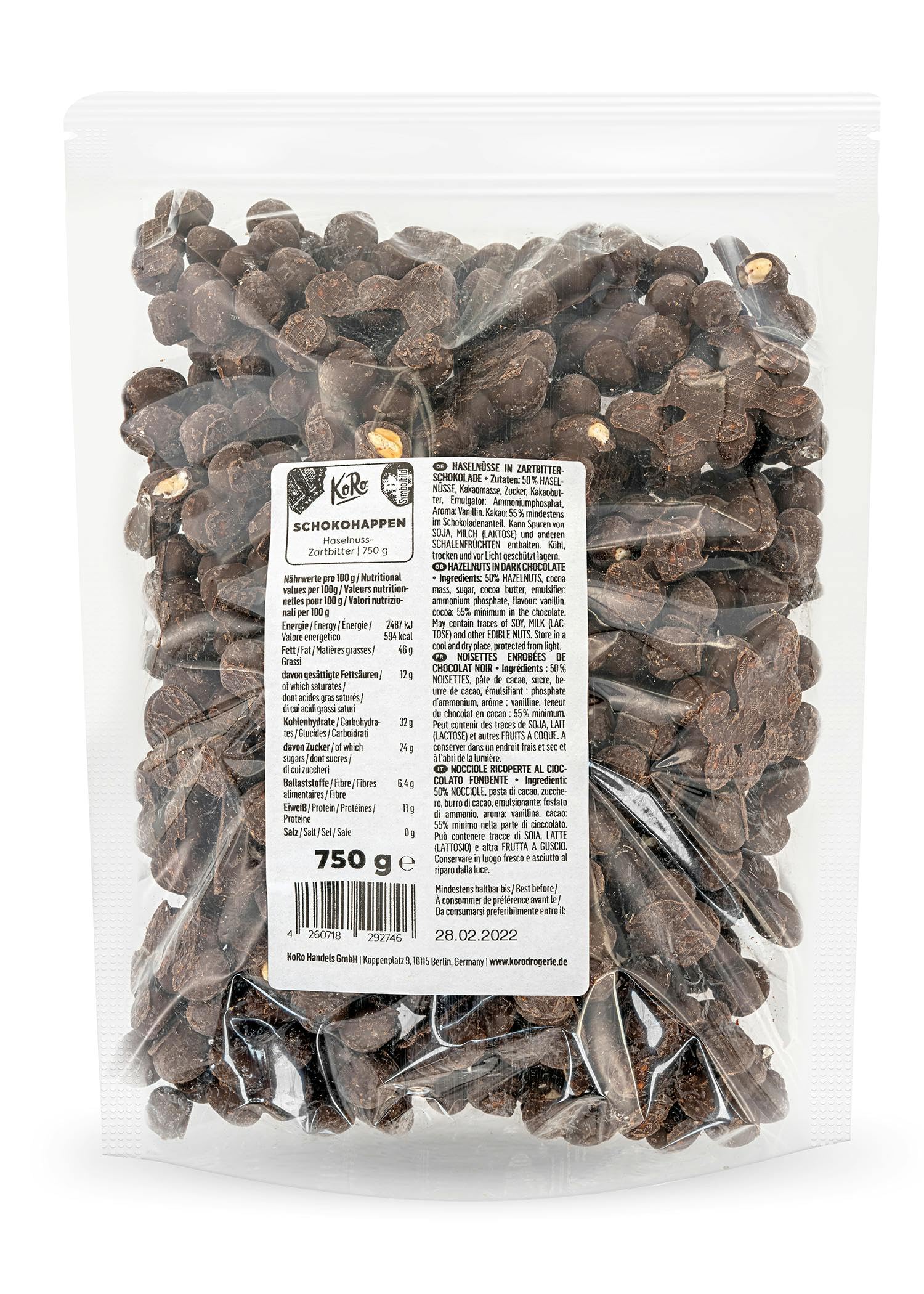 KoRo - Bocconcini di cioccolato fondente e nocciole 750 g - Da gustare come snack o da regalare – Vegetariano – Confezione risparmio da 750 g