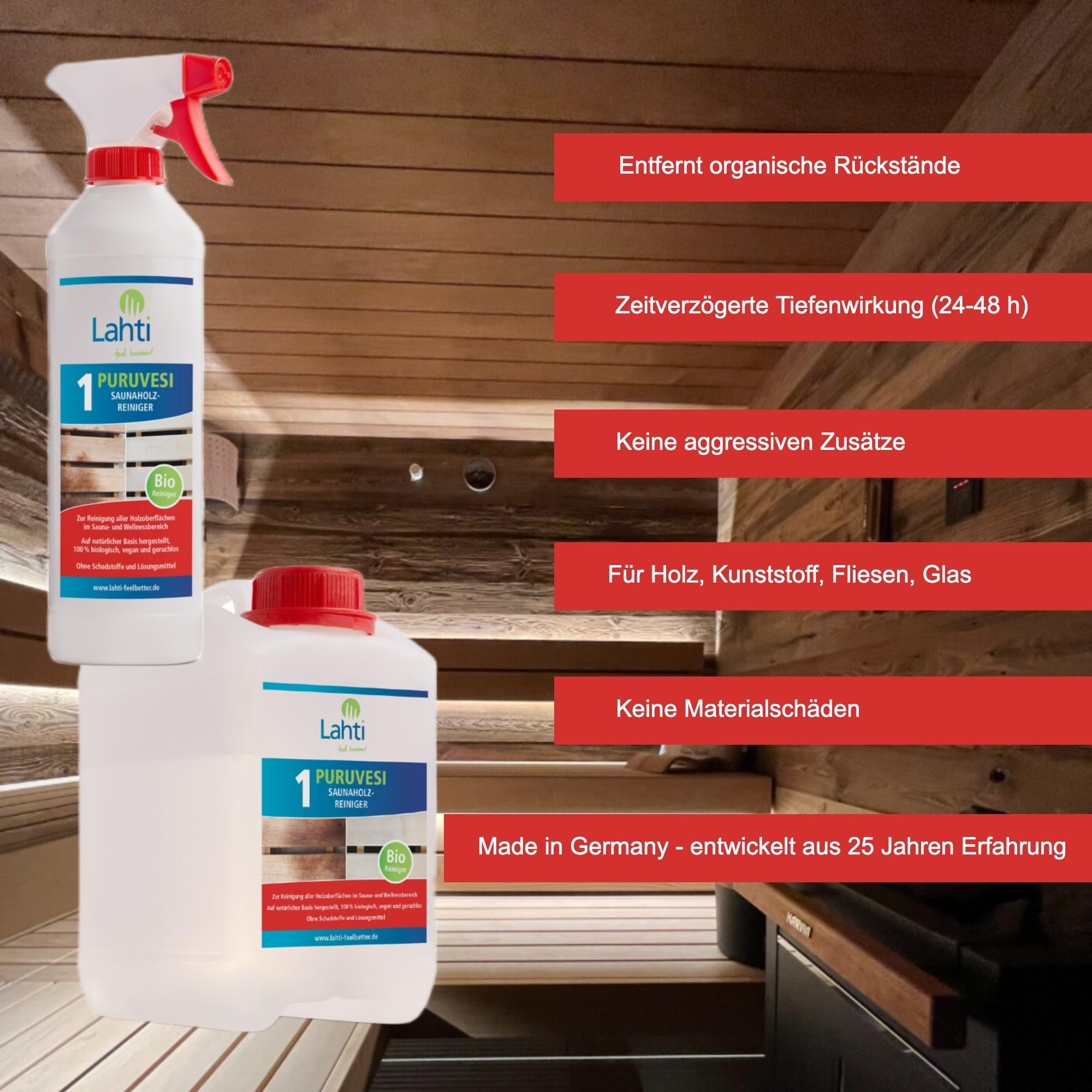 Lahti Sauna PURUVESI – Grundreiniger für Sauna, Infrarotkabine & Dampfbad | gegen Schweiß & Rückstände | alkoholfrei, für alle Oberflächen | Made in Germany (0,5 Liter)