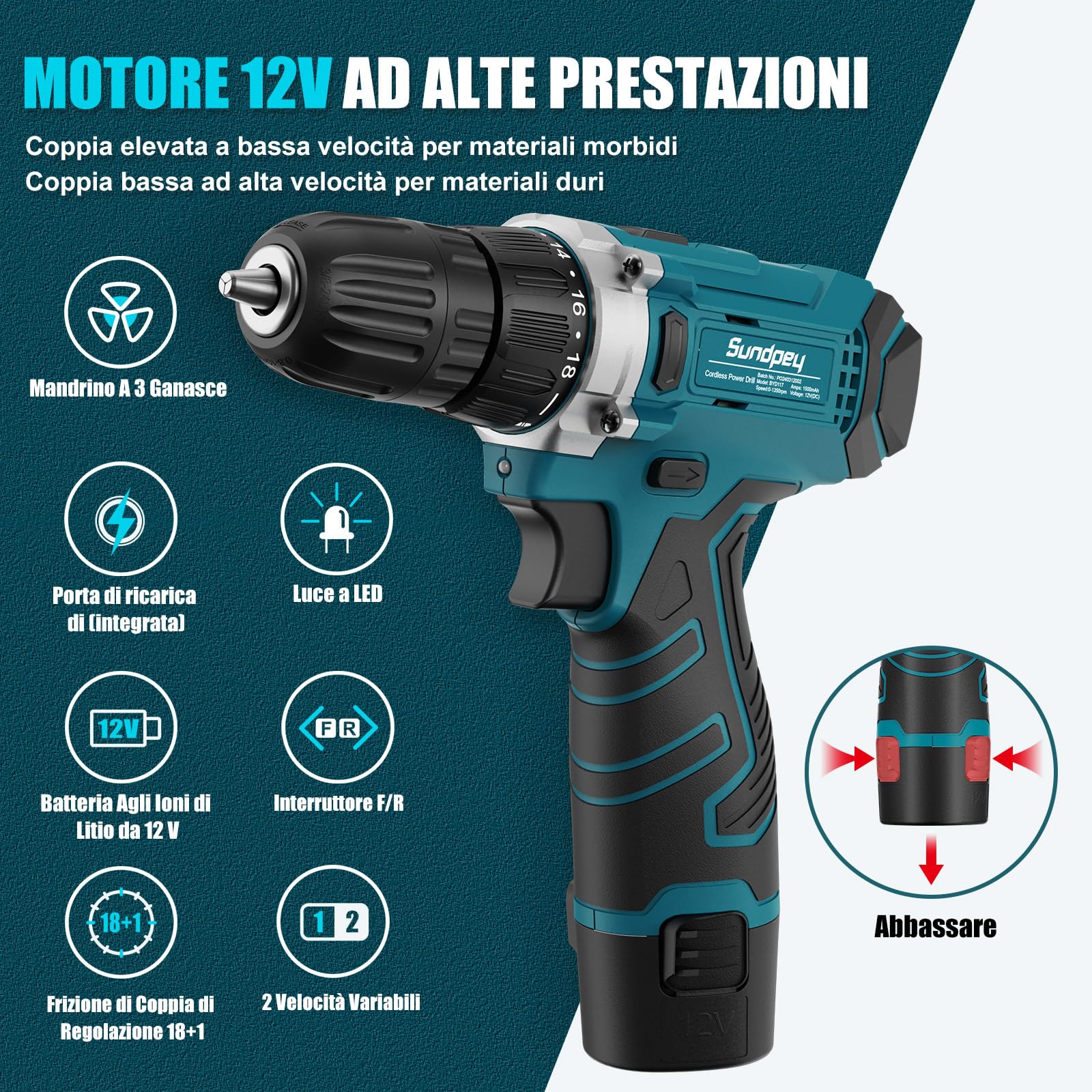 Sundpey Cassetta Attrezzi Completa 206 Pezzi, Trapano Avvitatore Batteria 12V per Serrare/Allentare Viti, Set Attrezzi da Lavoro Valigia Attrezzi Completa per Riparazioni Casalinghe e Fai da Te, Blu