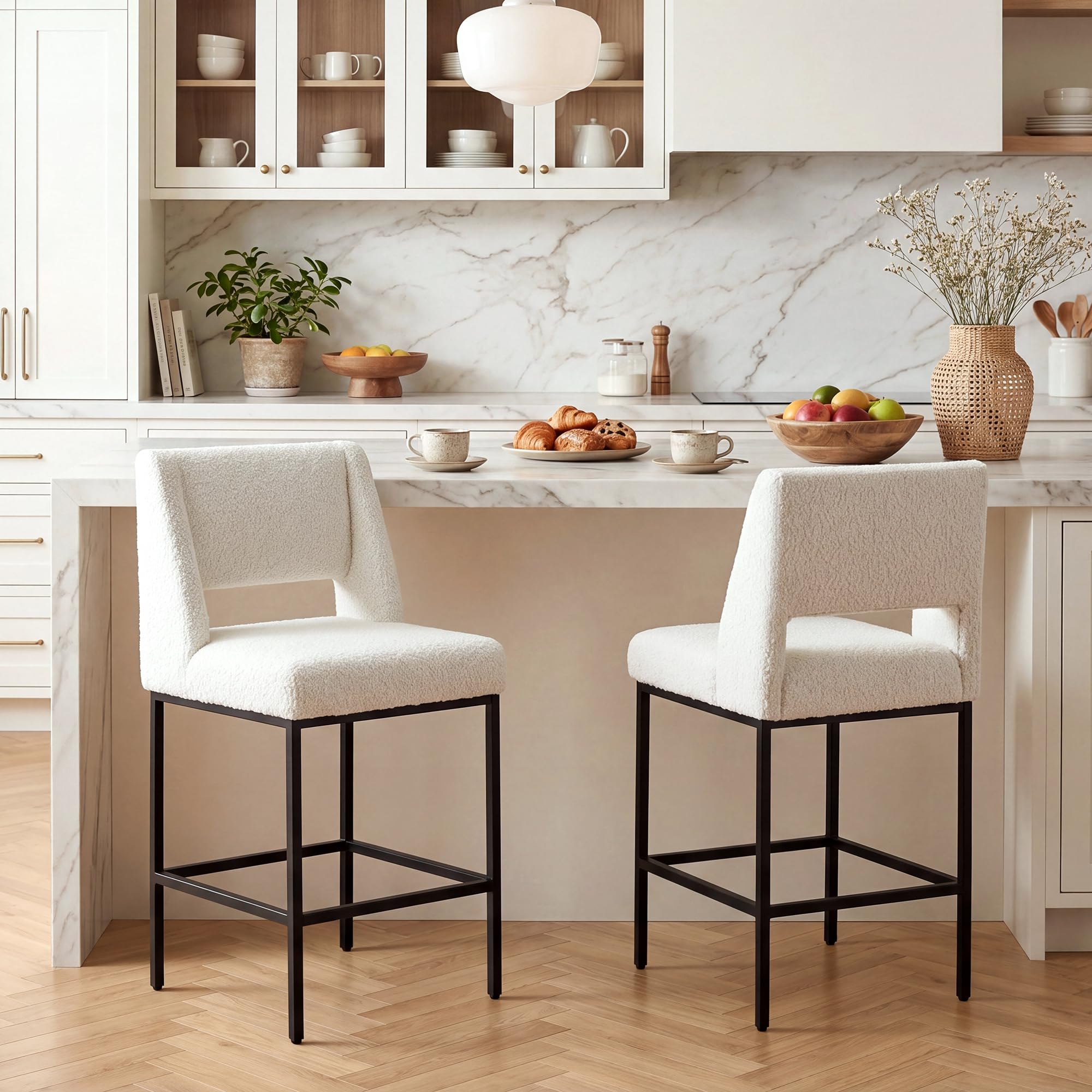 Zesthouse Counter Height Stools Set of 2, Upholstered Boucle Fabric Barstools with Backs, 26" Modern Bar Chairs for Kitchen Island, Counter Height Chairs with Extra Thick Cushion &amp; Metal Legs, White