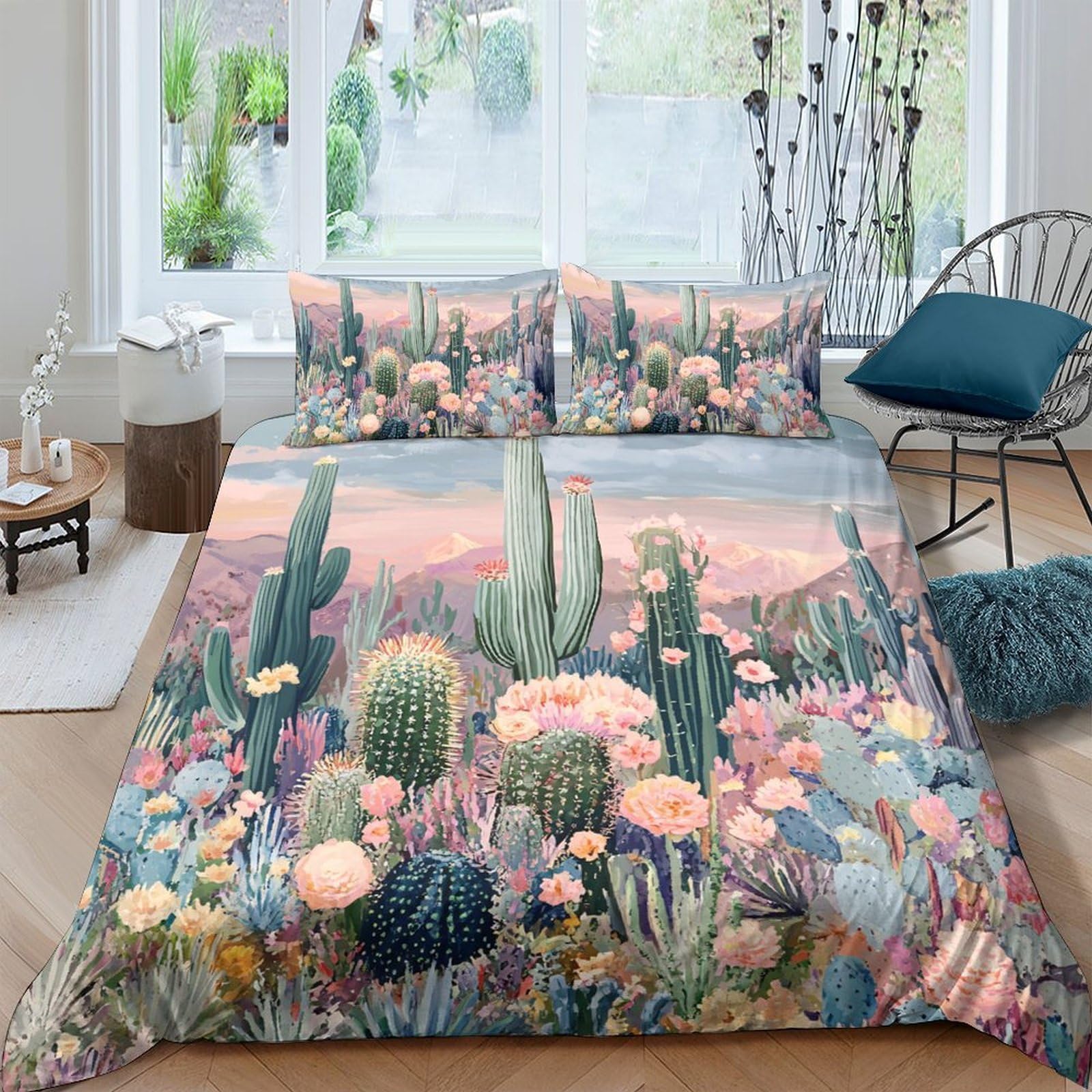 Ctjqhvkz Style-10 3D Printed Cactus Sunset Fitted Sheet Microfiber Soft Botanical Desert Bed Cover For Bedroom Dorm Mattress Decor Single（135X200cm）