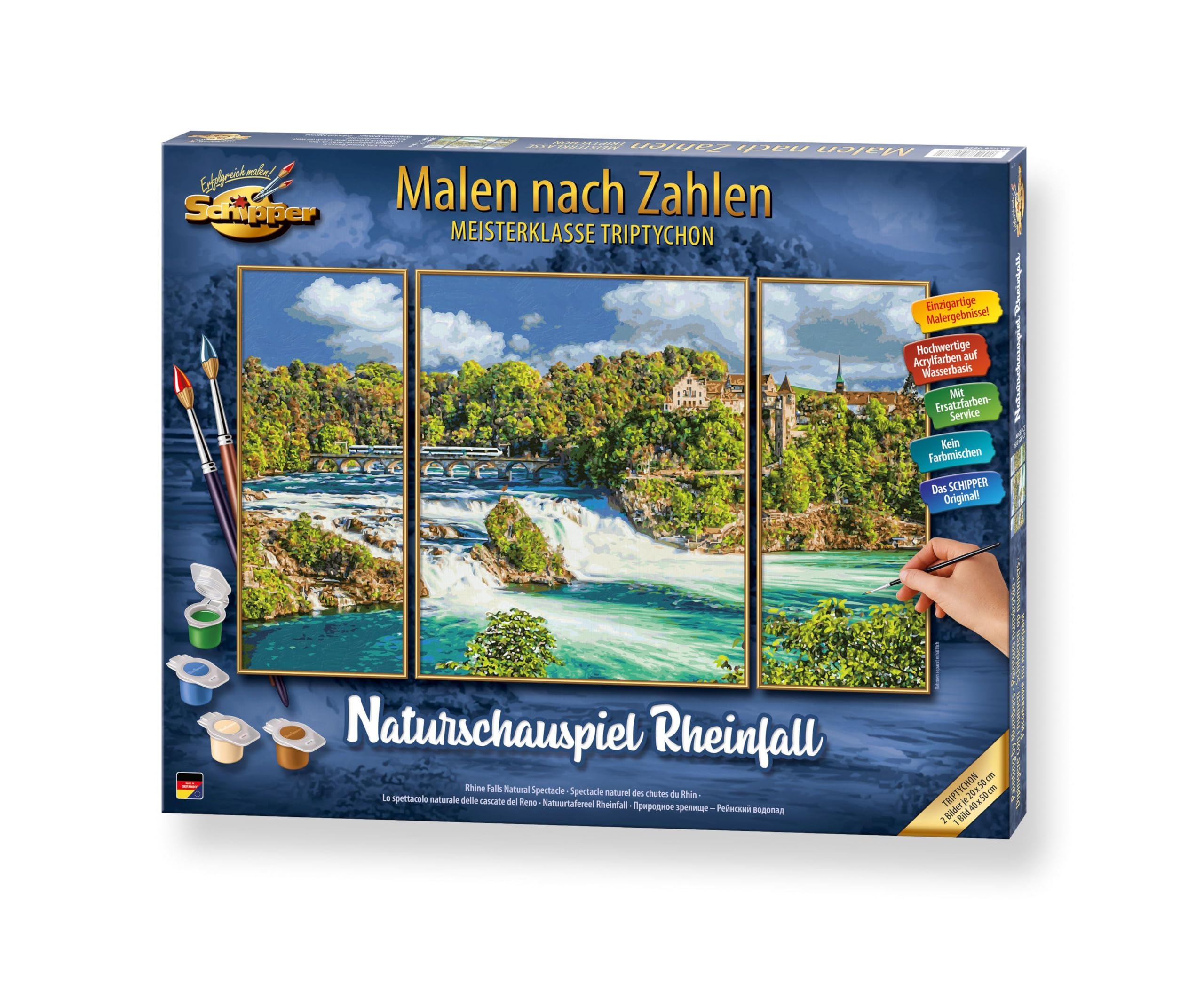 Schipper 609260888 Dipingere con i Numeri, Spettacolo Naturale Rheinfall, Pittura per Adulti, Inclusi pennelli e Colori acrilici, trittico, 50 x 80 cm