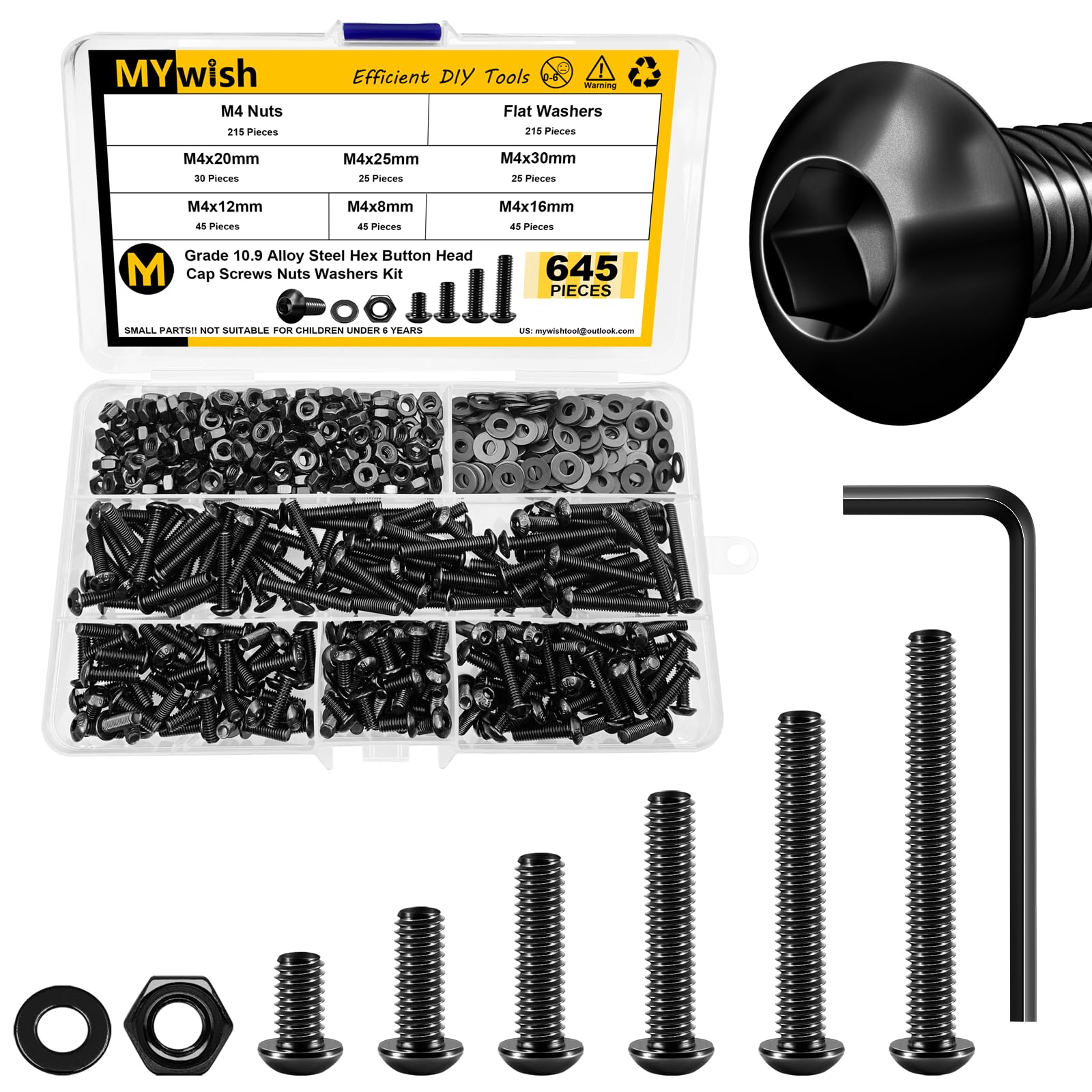 Mywish 645Pcs M4 Screw Metric Screw Assortment Kit, 10.9 Grade Alloy Steel Bolts, Button Head Socket Cap Metric Screws, Flat Washers/Nuts/Hex Wrenches