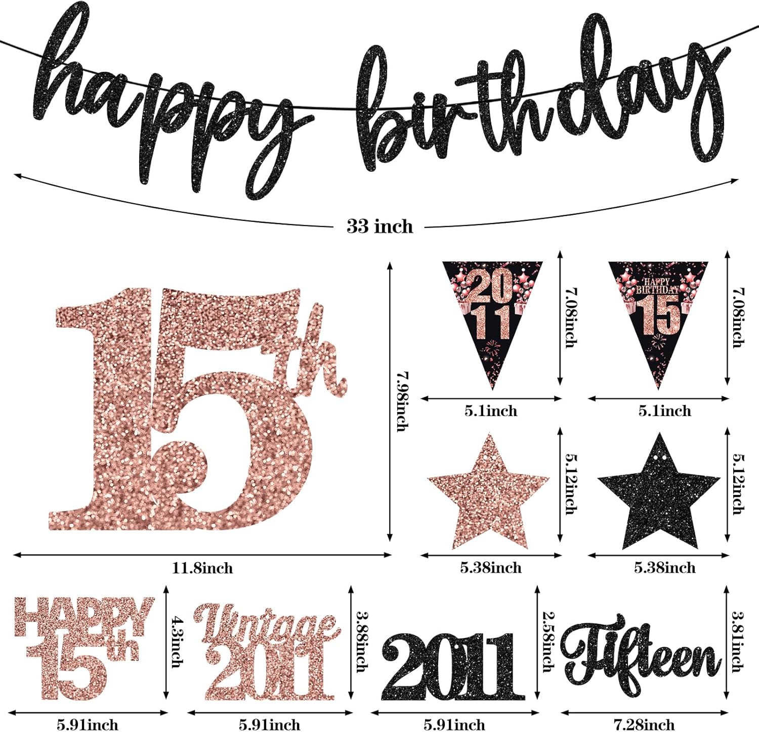 12PCS 15th Birthday Decorations for Girls, Rose Gold Vintage 2011 Happy 15th Birthday Banner Triangle Flag Banner Glitter Hanging Swirls Party Supplies, Sweet Fifteen Years Old Bday Decor - Image 2