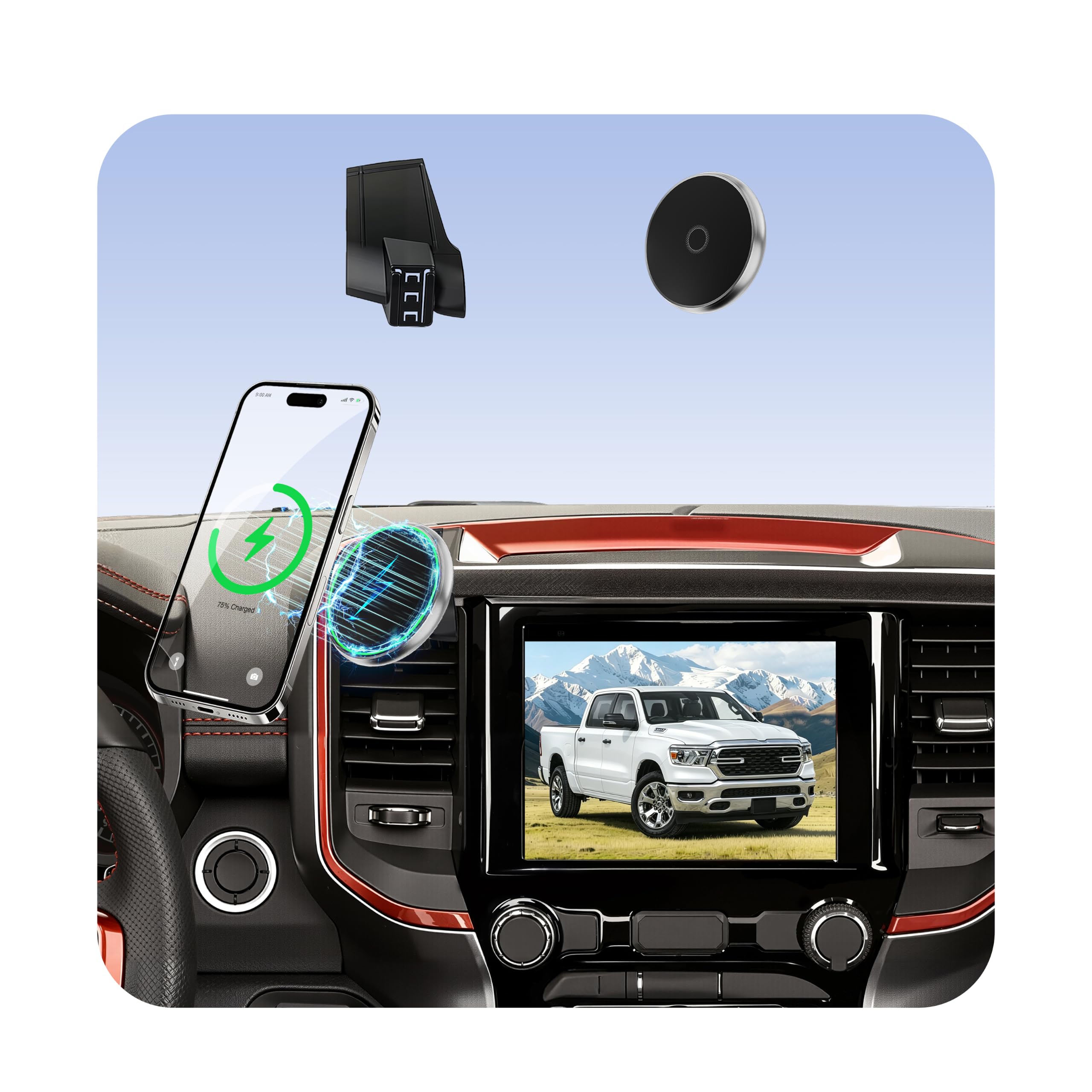 Phone Mount for Dodge Ram 1500/2500/3500 (2019-2024, 5" &amp; 8.4" Screen),15W Wireless Charger,Magnetic Phone Holder,Dashboard Car Holder,360°,Hands-Free,Truck Driver Essentials(Not for Column Shifter)