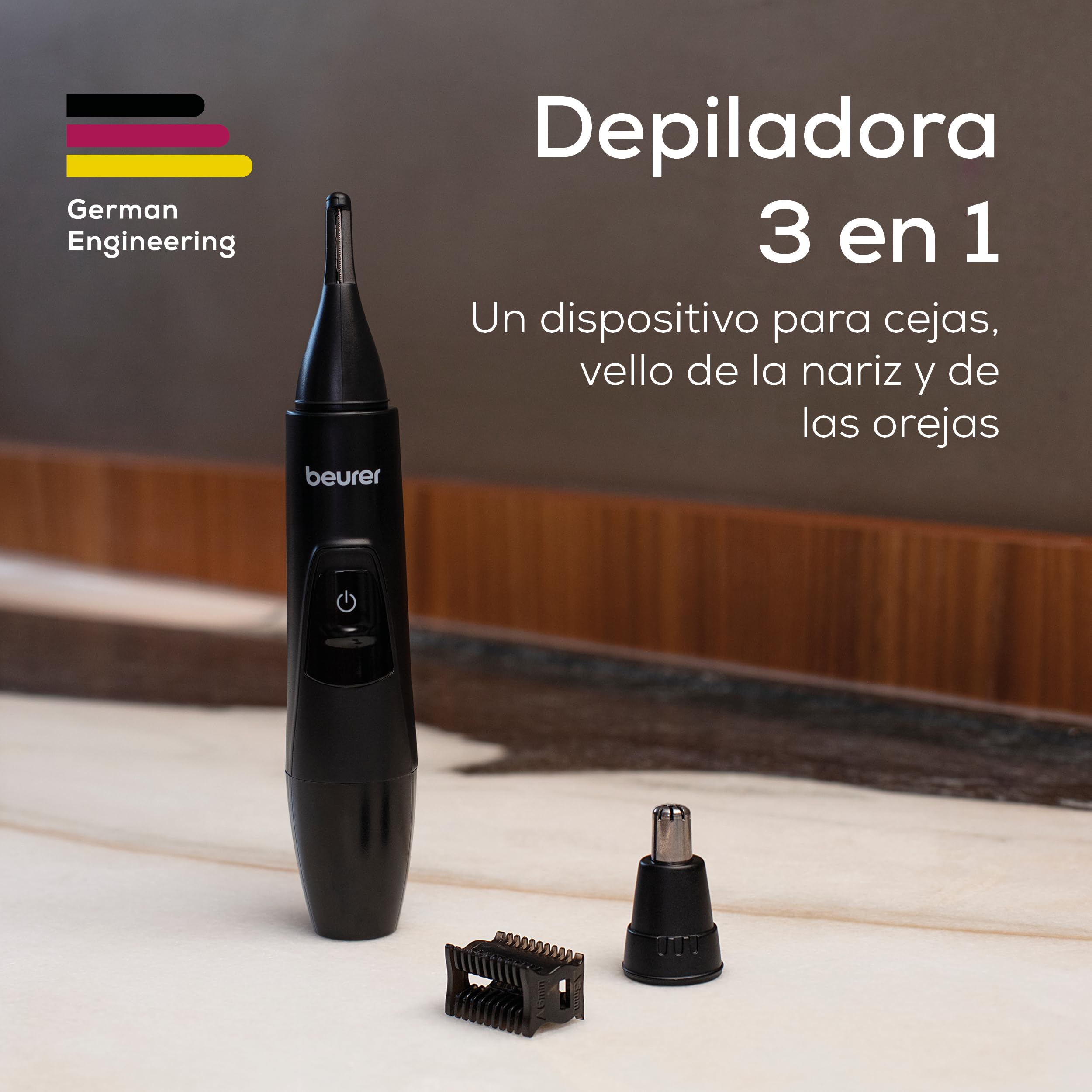 Beurer MN2X Recortadora de precisión, para recortar y dar forma al vello de ojos, nariz y orejas, 3 accesorios de acero inoxidable, resistente al agua, funciona con pilas