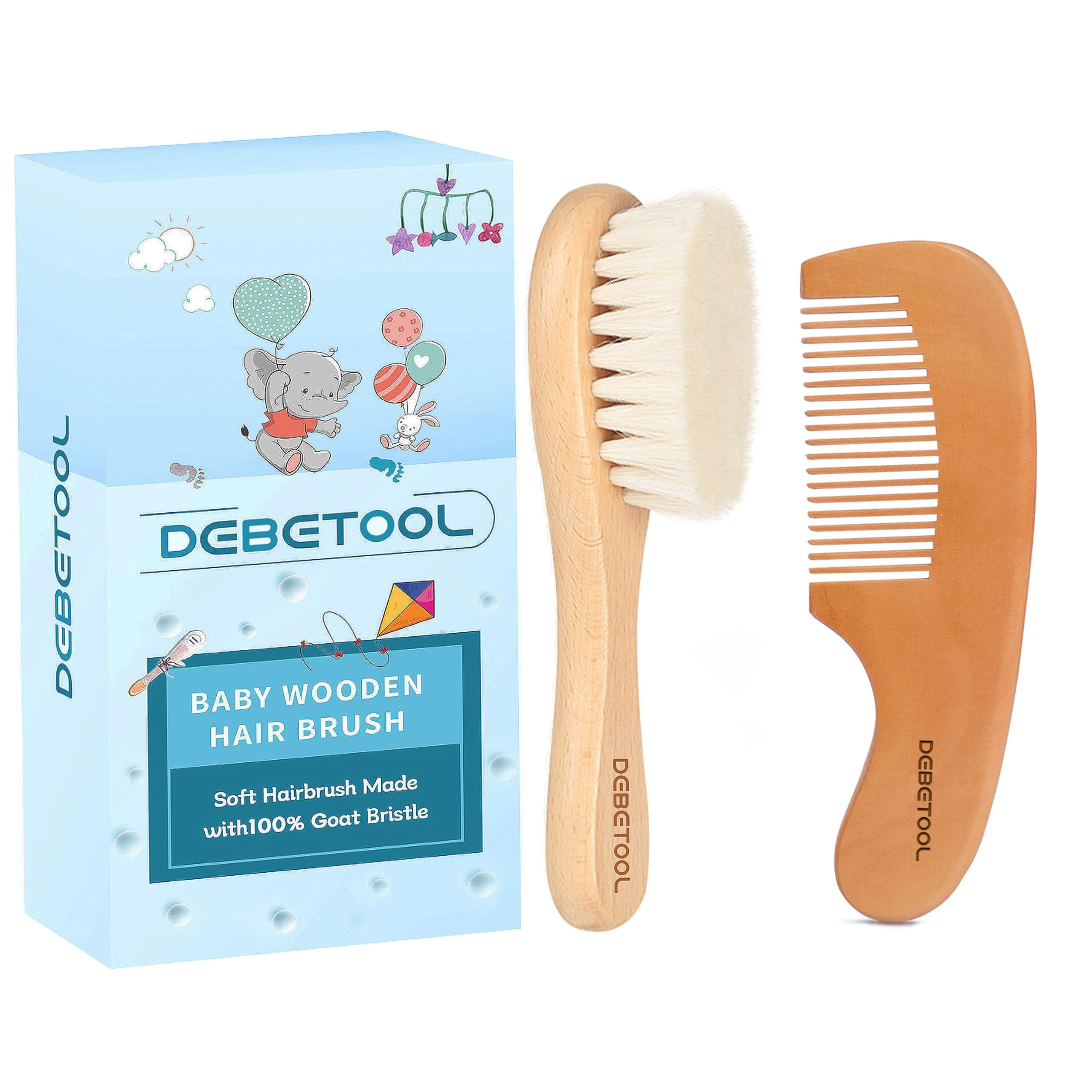 Set de cepillo y peine para bebé: cepillo de madera con cerdas suaves de cabra y peine para recién nacidos y niños pequeños. Ideal para promover el crecimiento sano del cabello y prevenir la costra láctea.