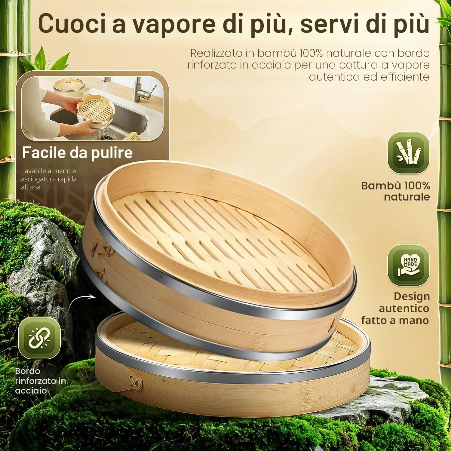 Flexzion Vaporiera di bambù (25,4cm /10 pollici) con fasce in acciaio inox 50x fodere e 2 paia di bacchette, Vaporiera di bamboo cestello cinese, Steamer vapore per cottura cucina cibo asiatico