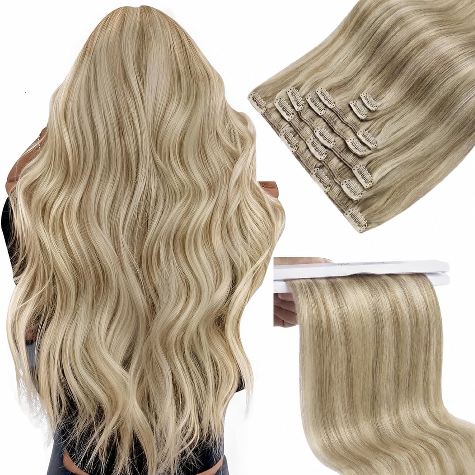 Sunny Hair Clip in Hair Extensions Real Human Hair 20 Inch 135g Remy Extensions Golden Blonde Highlights for Women Thick Natural Hair for Volume and