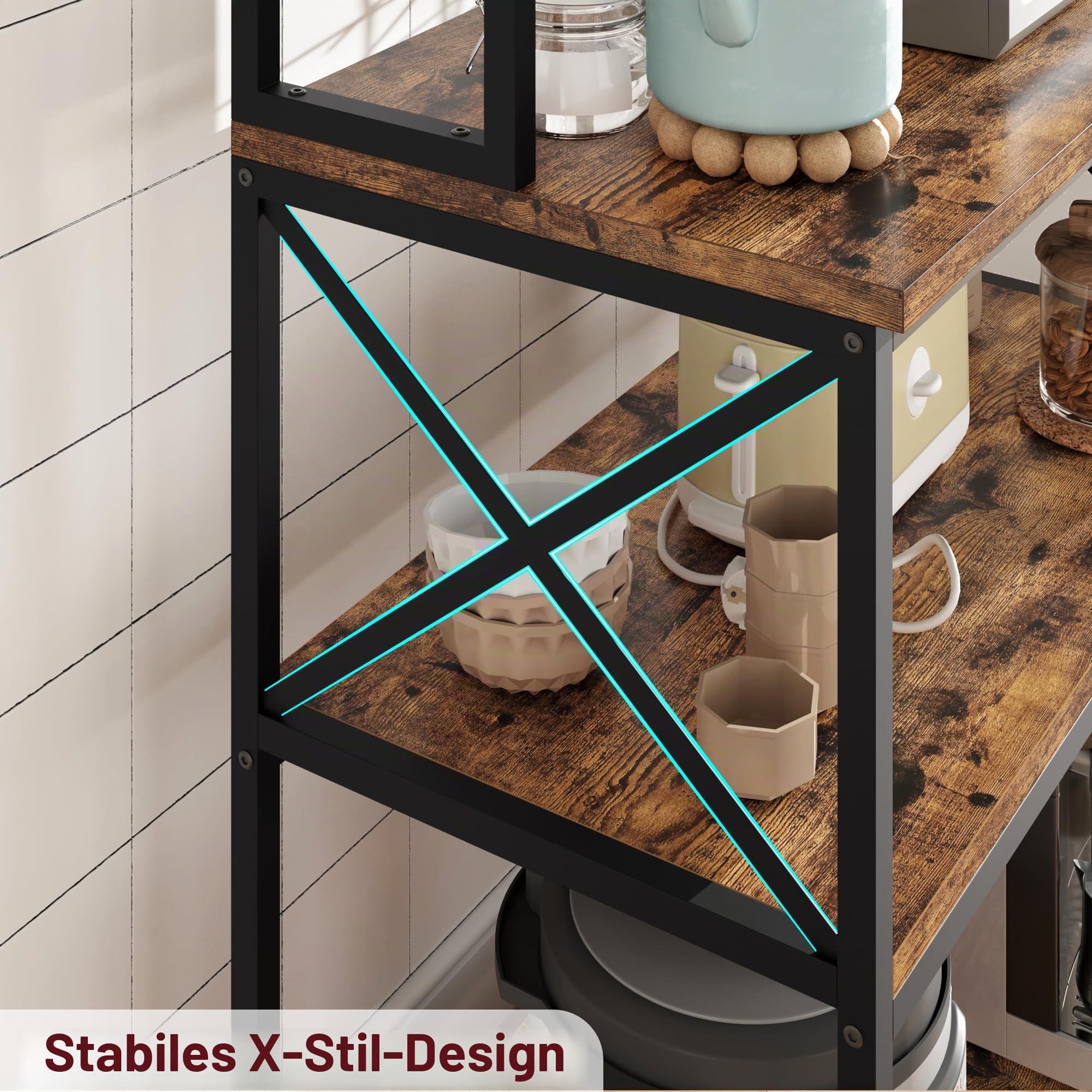 Litake Küchenregal - Standregal für Küche Mikrowellen-Regal mit 5 Regalebenen und 6 Haken, Küchenregal Schwarz mit Gitterplatte Küchenregale für Balkon Speisekammer Kellerraum Wohnzimmer